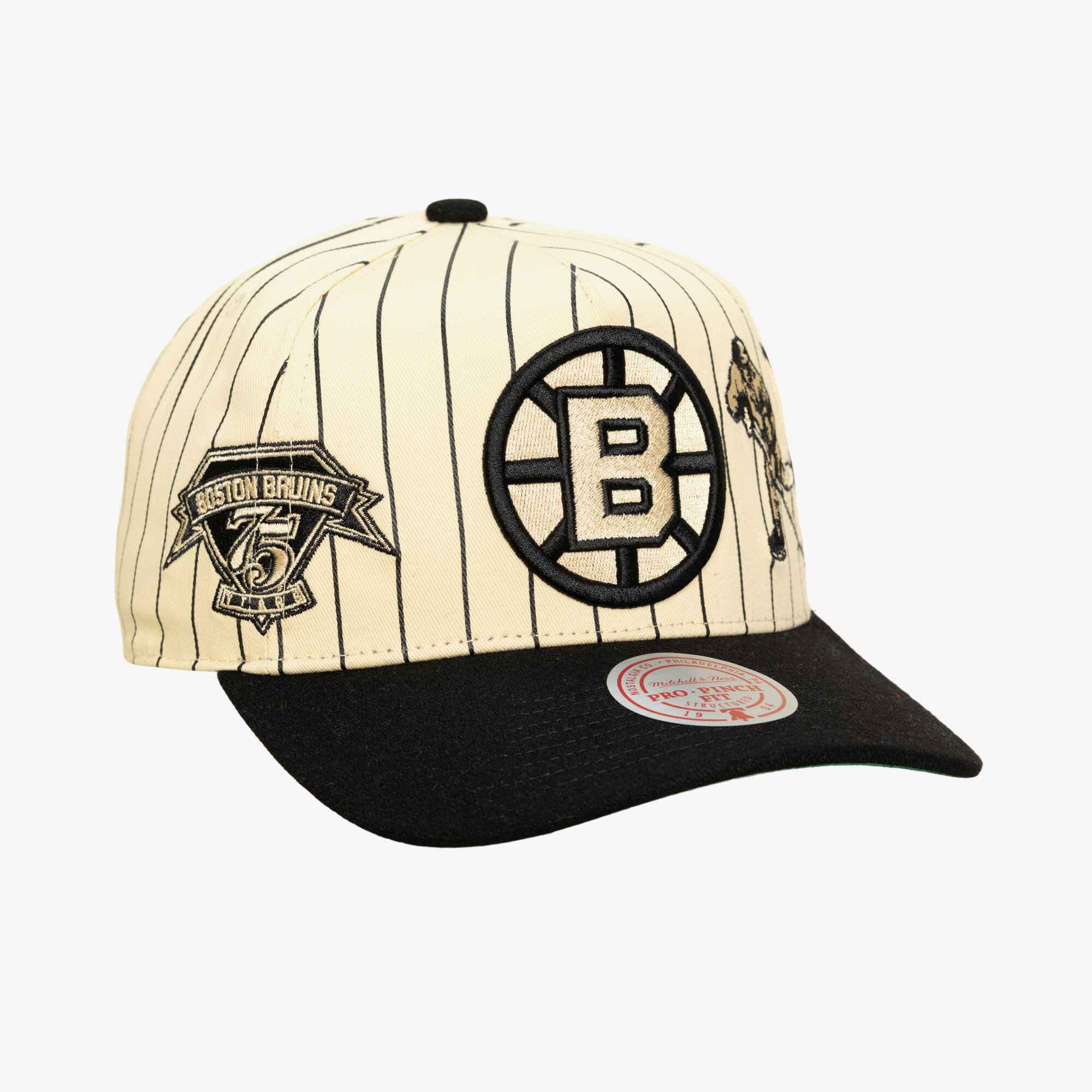 Men's Mitchell & Ness  Cream Boston Bruins Retro Roots Vintage Stripe Pro Adjustable Hat