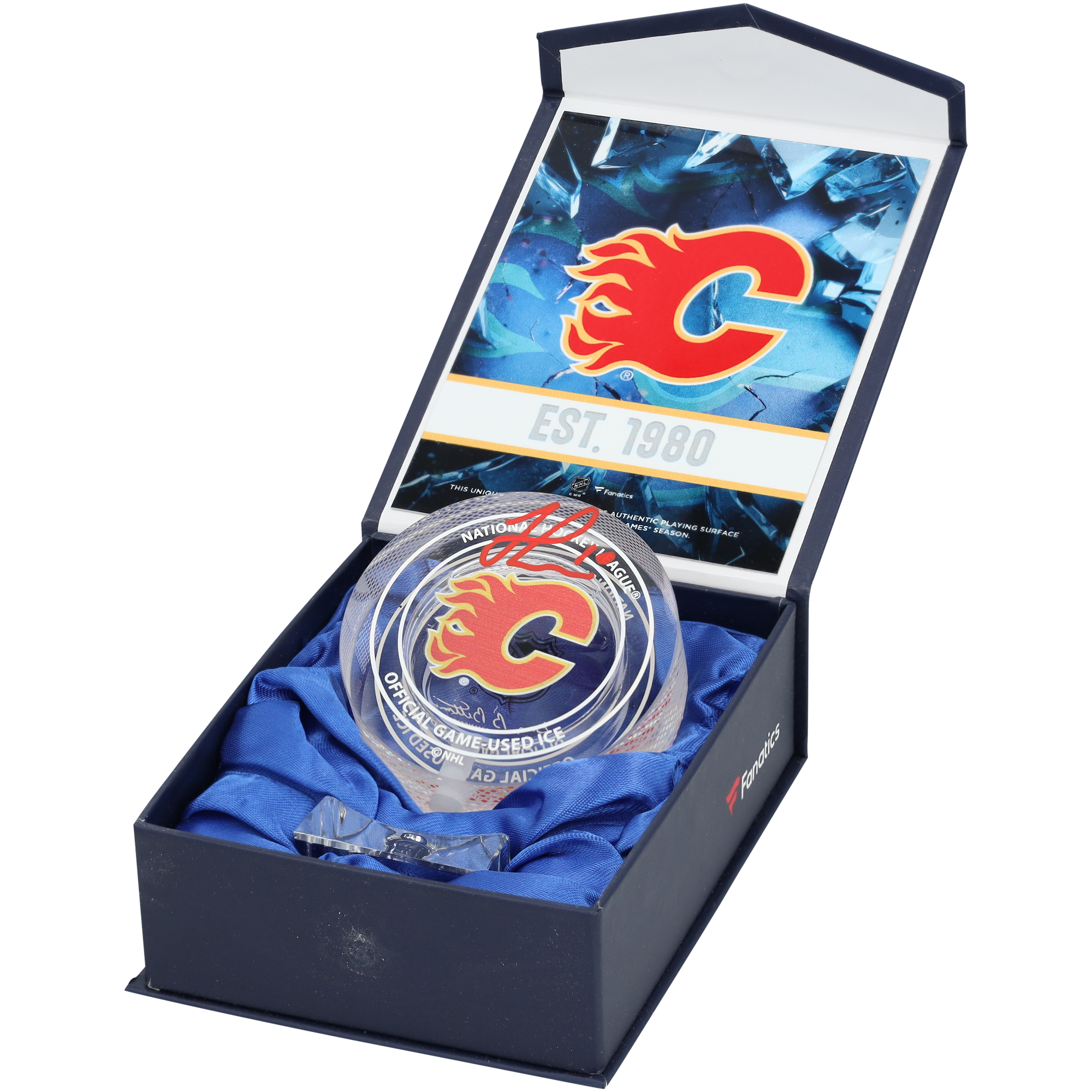 Jonathan Huberdeau Calgary Flames Autographed Crystal Puck – Filled with Ice from the 2024-25 Season Jonathan Huberdeau Calgary Flames Autographed Crystal Puck – Filled with Ice from the 2024-25 Season