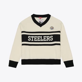 Women's Mitchell & Ness Cream/Black Pittsburgh Steelers Retro Roots V-Neck Sweater