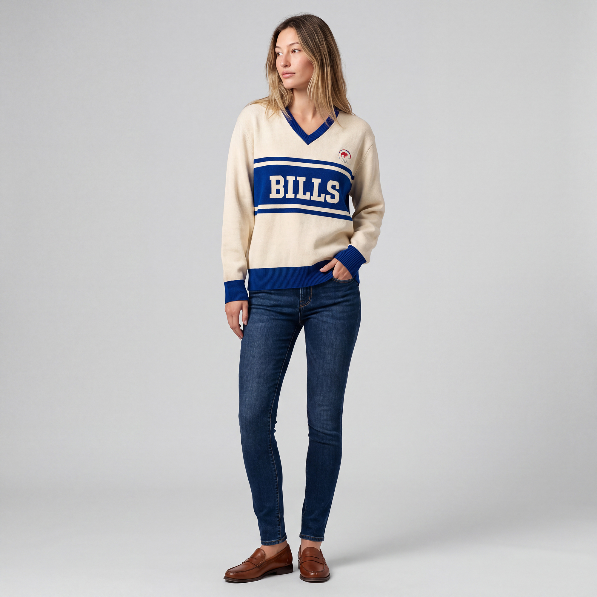 Women's Mitchell & Ness Cream/Royal Buffalo Bills Retro Roots V-Neck Sweater