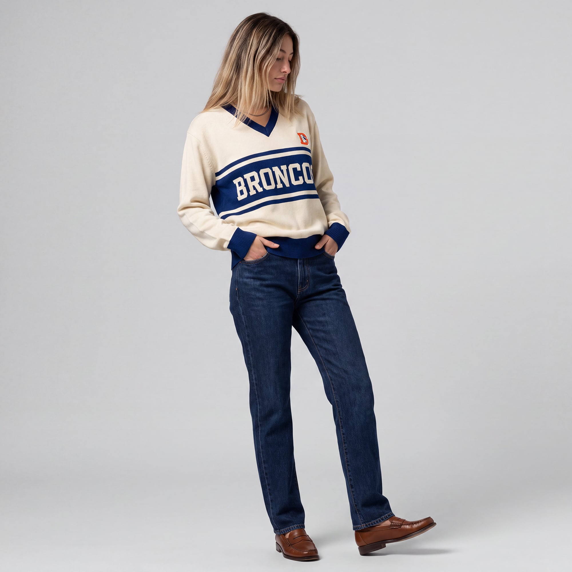 Women's Mitchell & Ness Cream/Royal Denver Broncos Retro Roots V-Neck Sweater