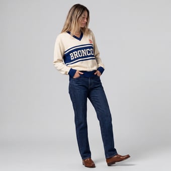 Women's Mitchell & Ness Cream/Royal Denver Broncos Retro Roots V-Neck Sweater