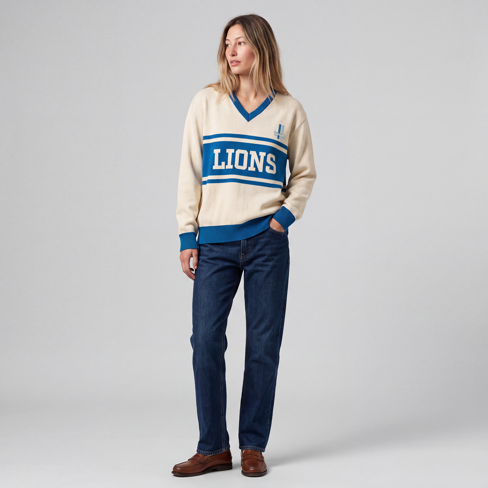 Women's Mitchell & Ness Cream/Blue Detroit Lions Retro Roots V-Neck Sweater