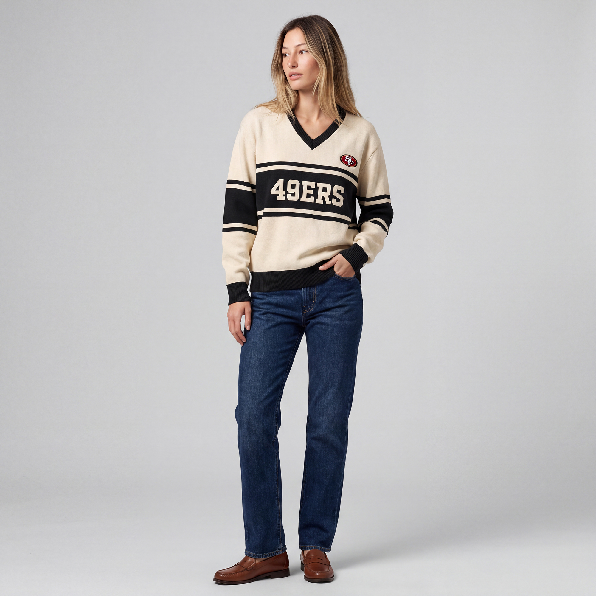 Mitchell & Ness Women's Cream/Black San Francisco 49ers Retro Roots V-Neck Sweater - Cream, Black