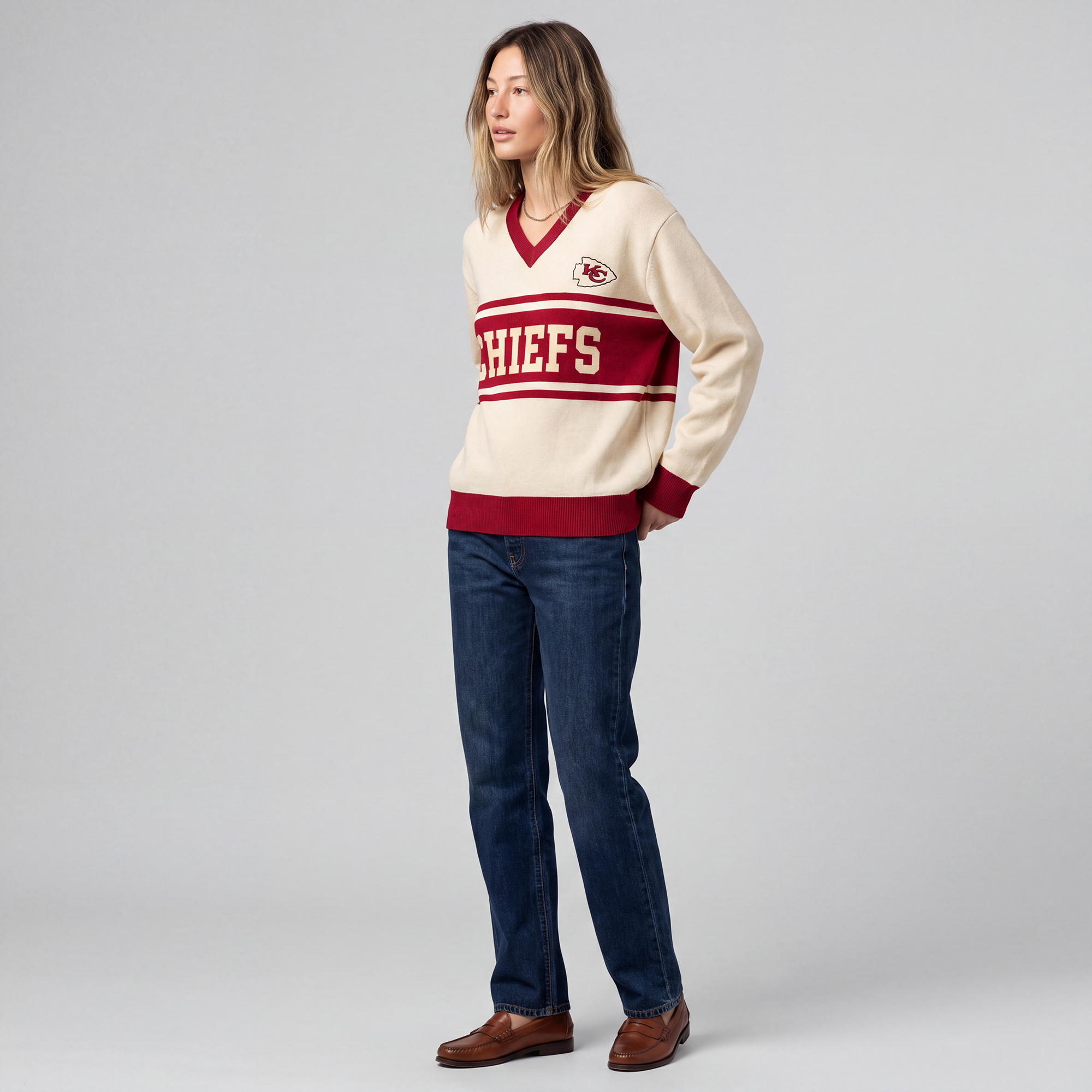 Women's Mitchell & Ness Cream/Red Kansas City Chiefs Retro Roots V-Neck Sweater