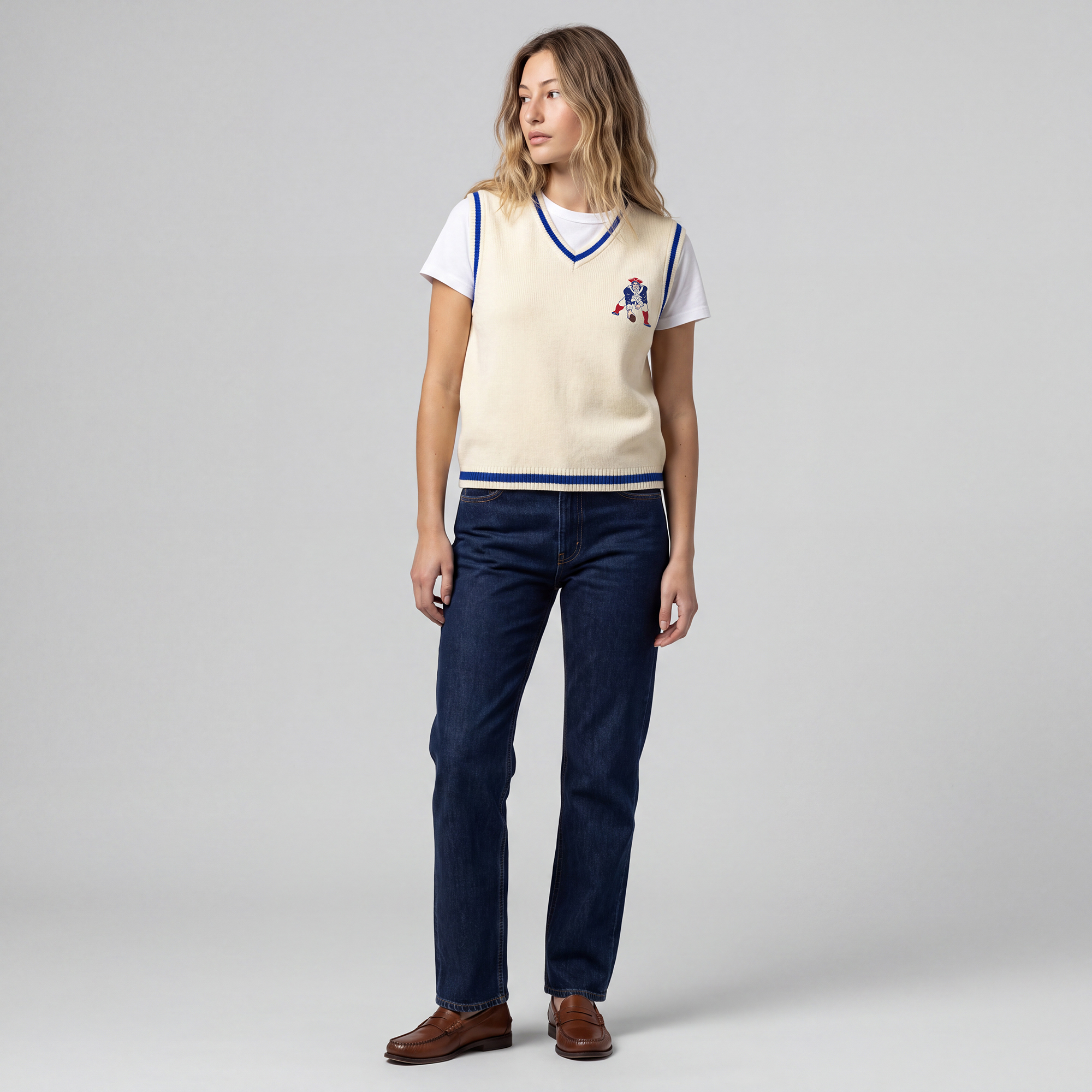 Women's Mitchell & Ness Cream New England Patriots Retro Roots V-Neck Sweater Vest