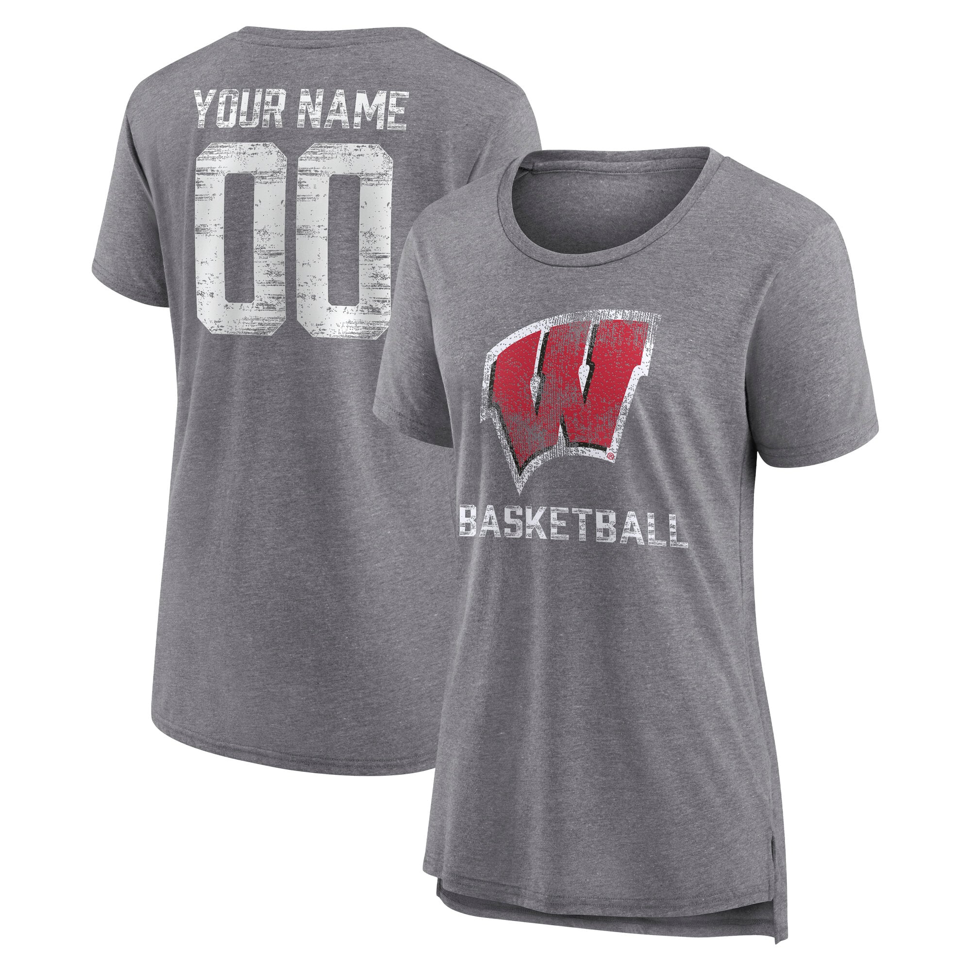 Women's Gray Wisconsin Badgers Heritage Basketball Personalized Any Name & Number Tri-Blend T-Shirt