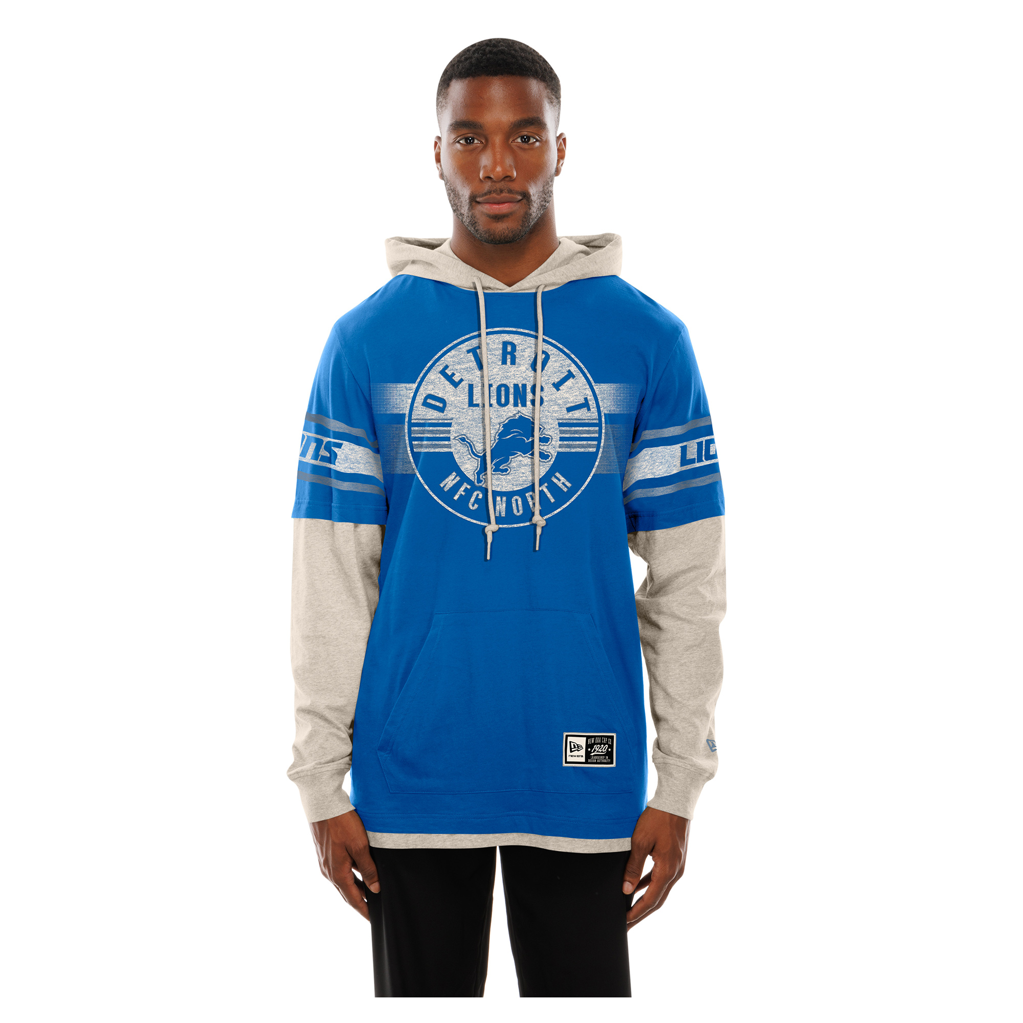 Men's New Era  Blue Detroit Lions Twofer Layered Long Sleeve Hooded T-Shirt