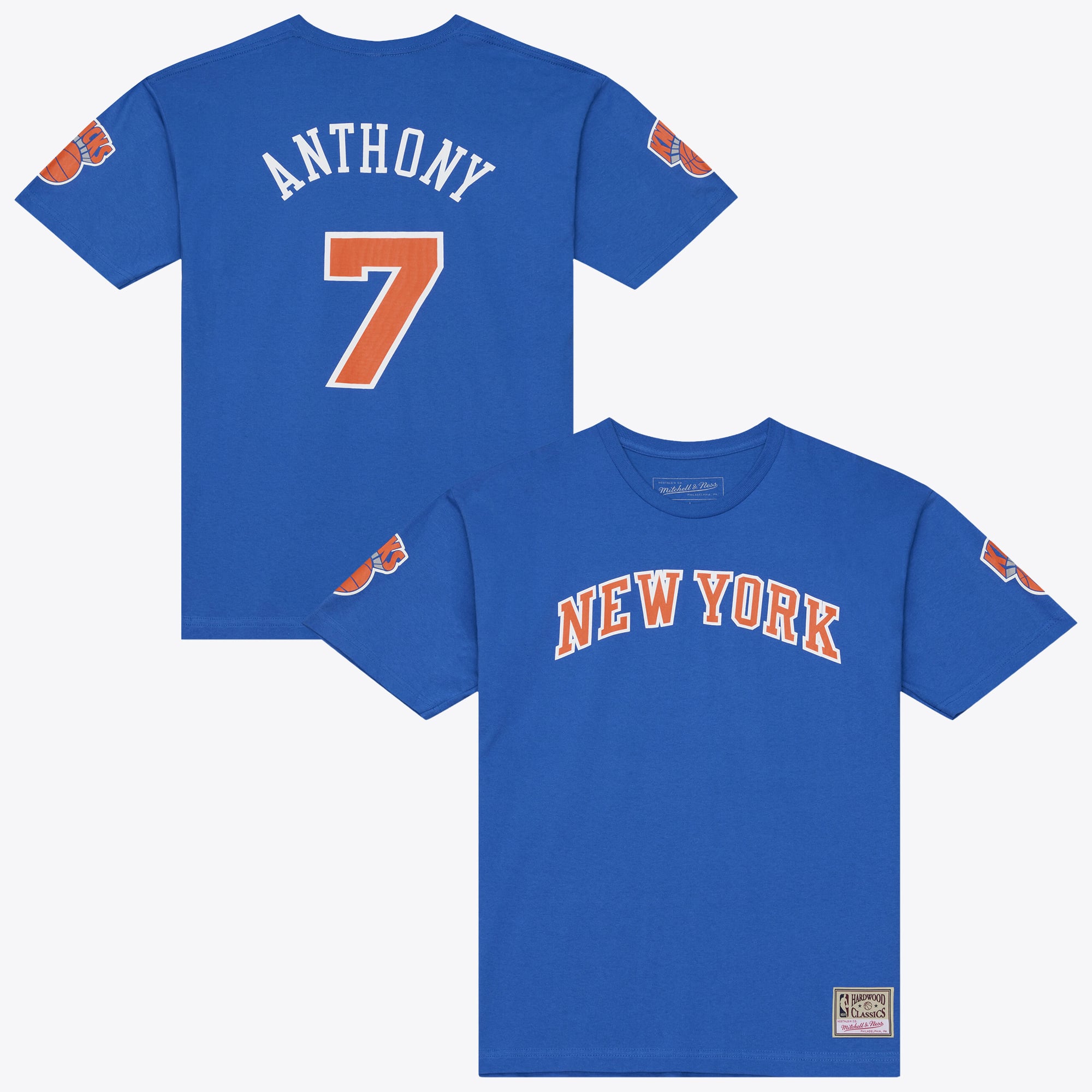 Men's Mitchell & Ness Carmelo Anthony Blue New York Knicks Hardwood Classics Name & Number Classic T-Shirt