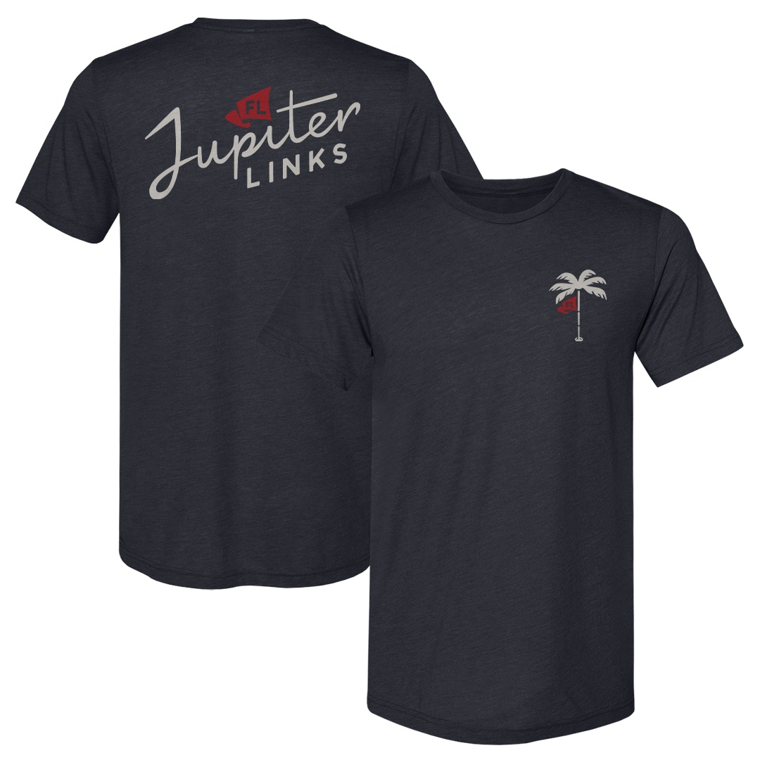 Men’s 500 Level Navy Jupiter Links Golf Club Palm Flag Wordmark Premium T-Shirt