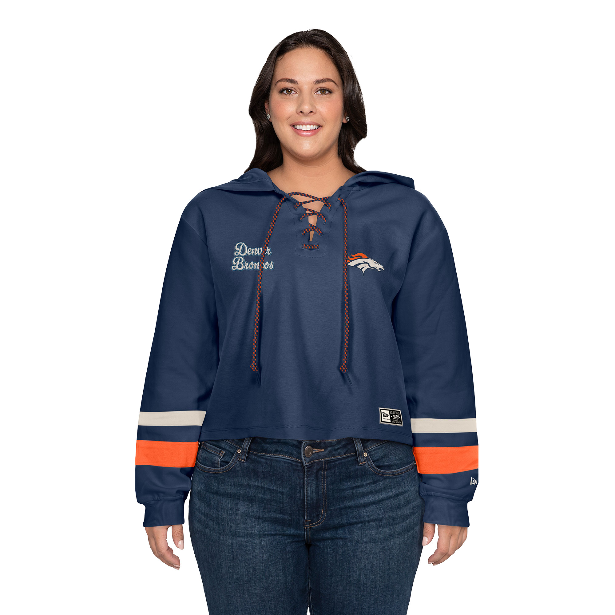 Women's Plus New Era Navy Denver Broncos Throwback Lace-Up Hoodie