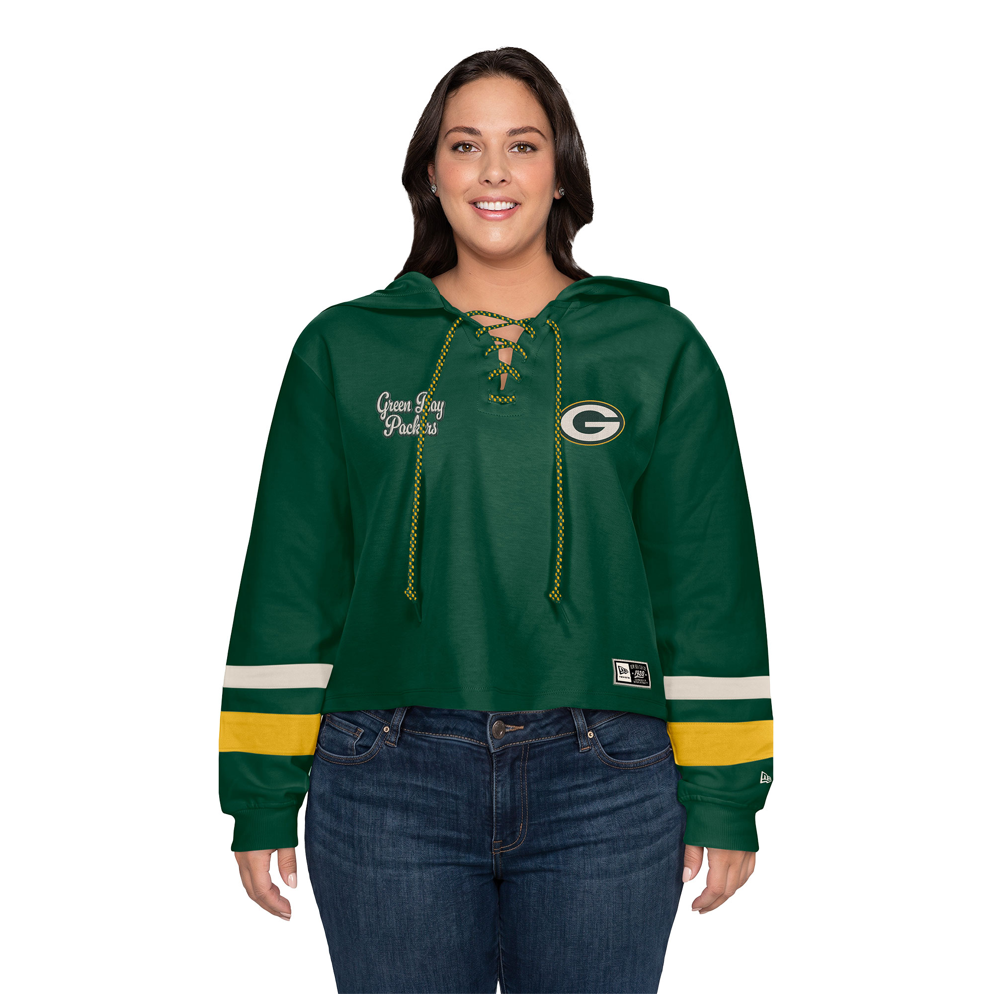 Women's New Era Green Green Bay Packers Plus Size Throwback Cropped Lace-Up Hoodie