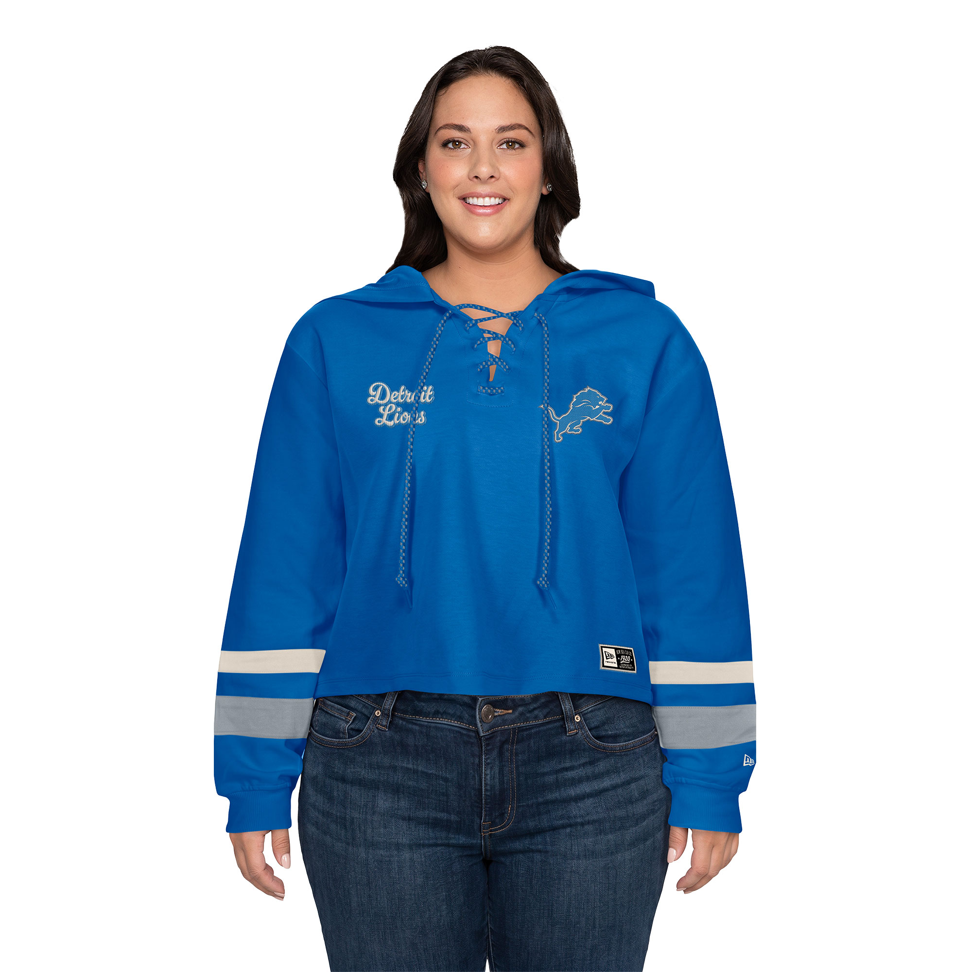 Women's New Era Blue Detroit Lions Plus Size Throwback Cropped Lace-Up Hoodie