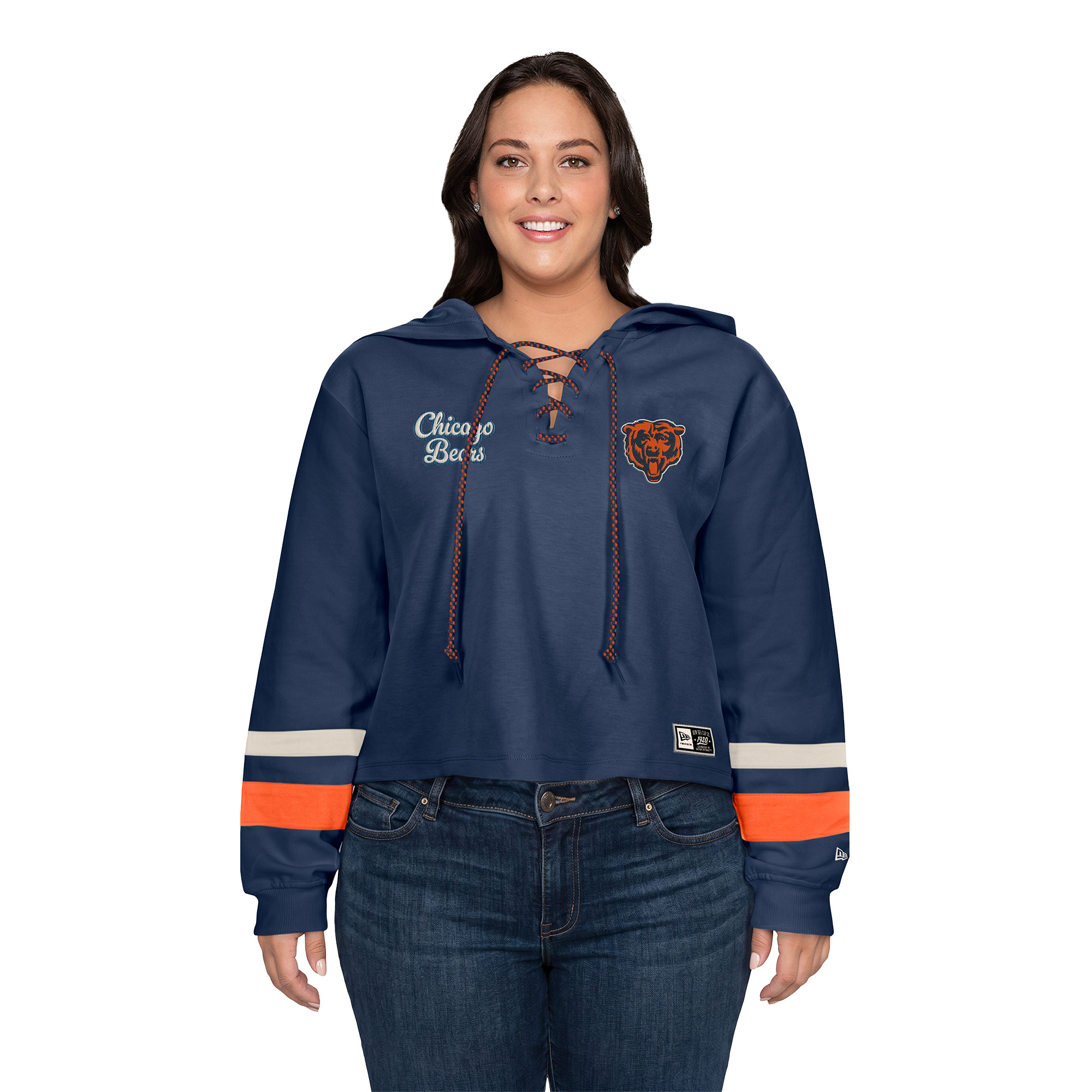 Women's New Era Navy Chicago Bears Plus Size Throwback Cropped Lace-Up Hoodie