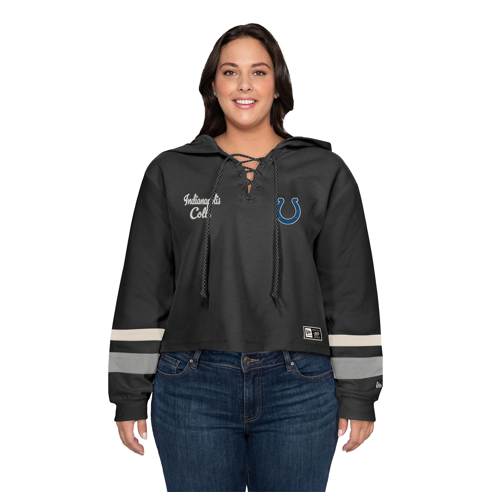 Women's New Era Black Indianapolis Colts Plus Size Throwback Cropped Lace-Up Hoodie