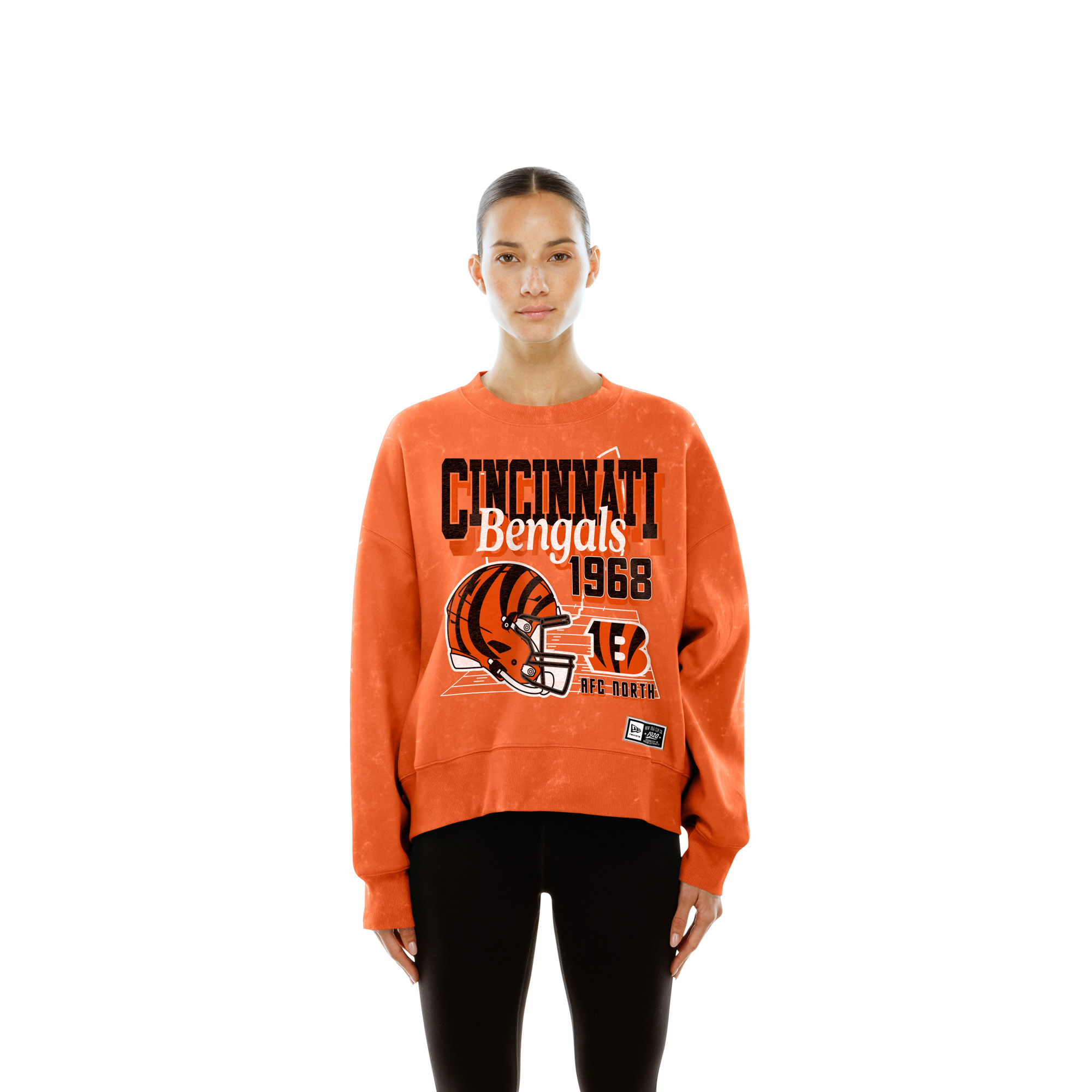 Women's New Era  Orange Cincinnati Bengals Throwback Mineral Wash Boxy Fleece Crewneck Sweatshirt