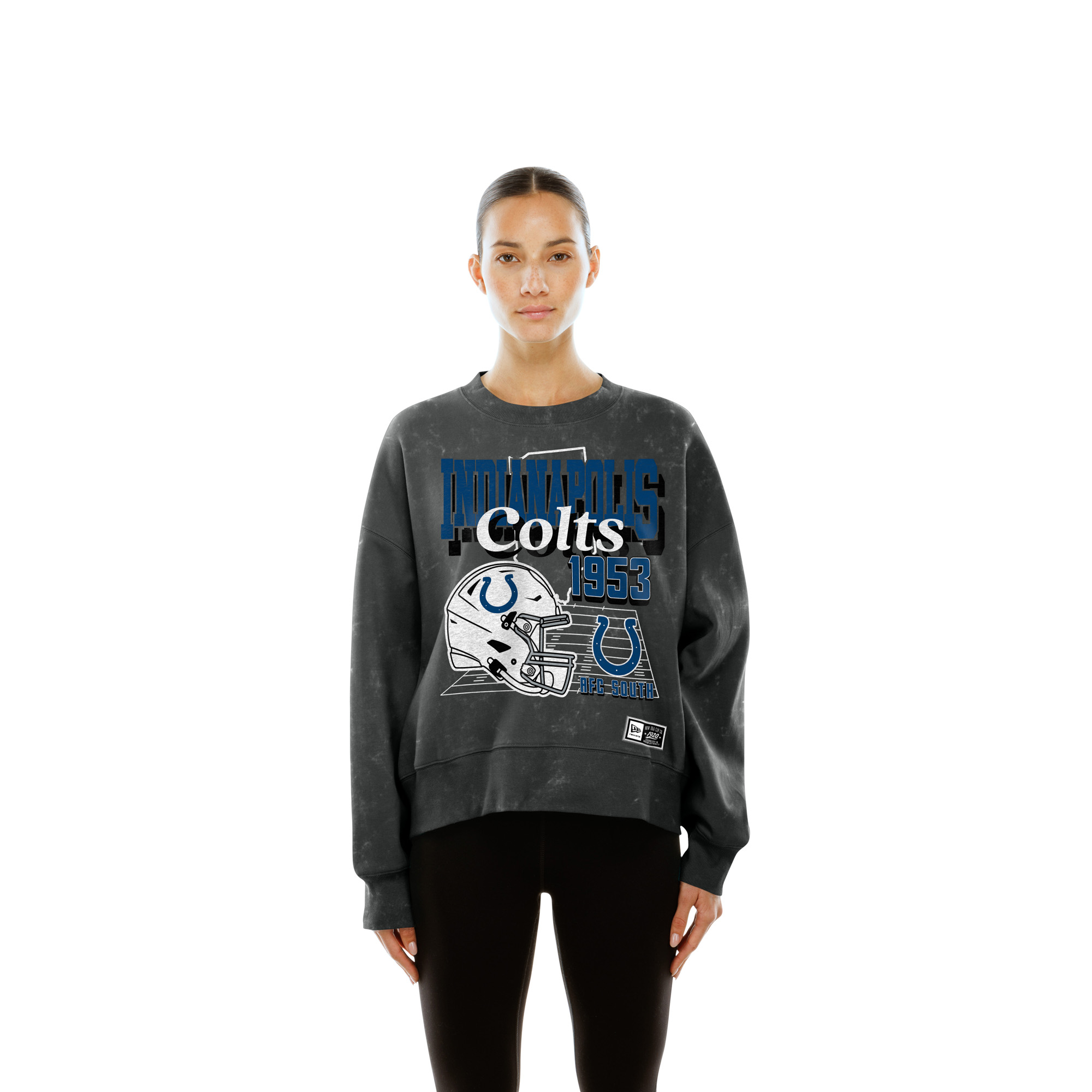 Women's New Era  Black Indianapolis Colts Throwback Mineral Wash Boxy Fleece Crewneck Sweatshirt