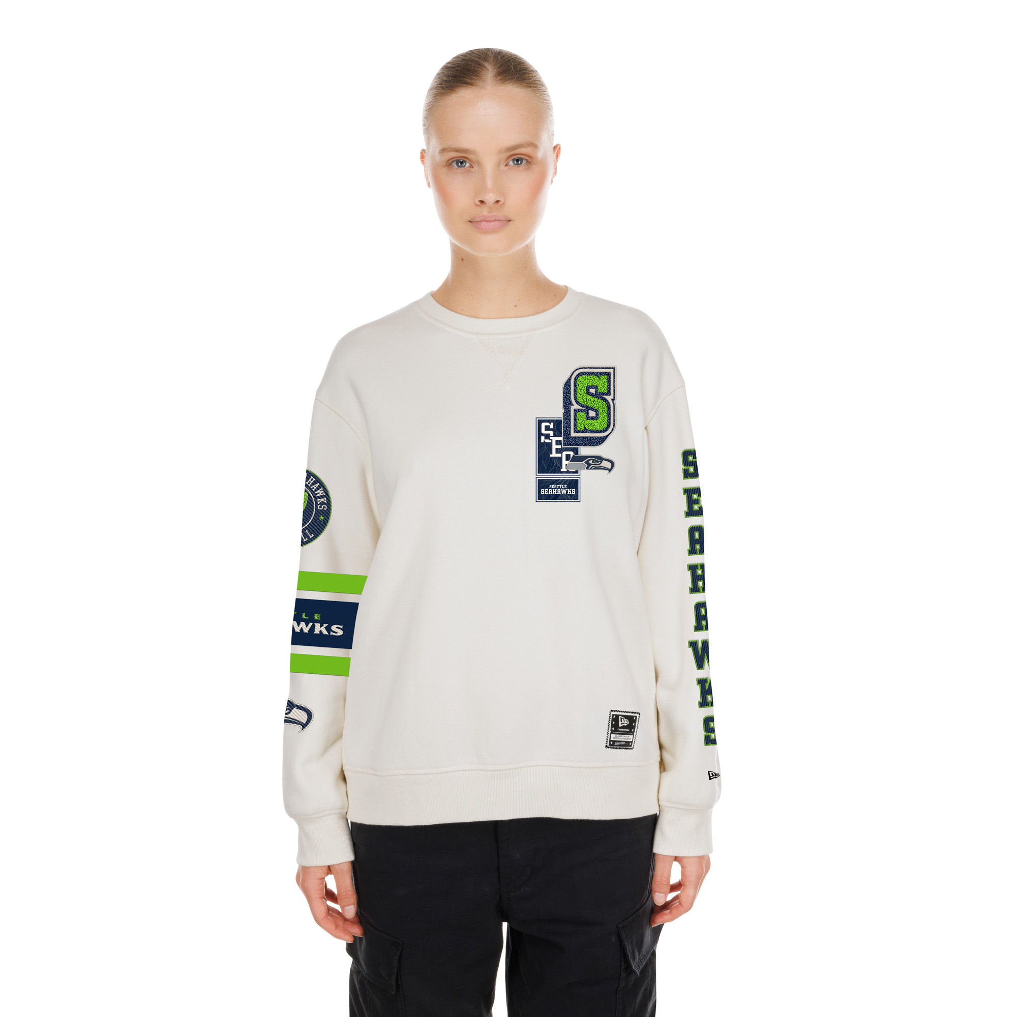 Women's New Era Cream Seattle Seahawks Academic Crewneck Sweatshirt