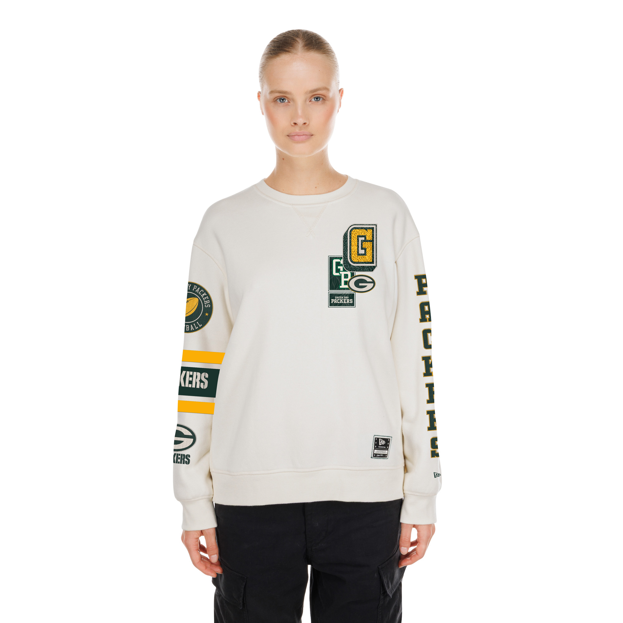 New Era Women's Cream Green Bay Packers Academic Crewneck Sweatshirt - Cream