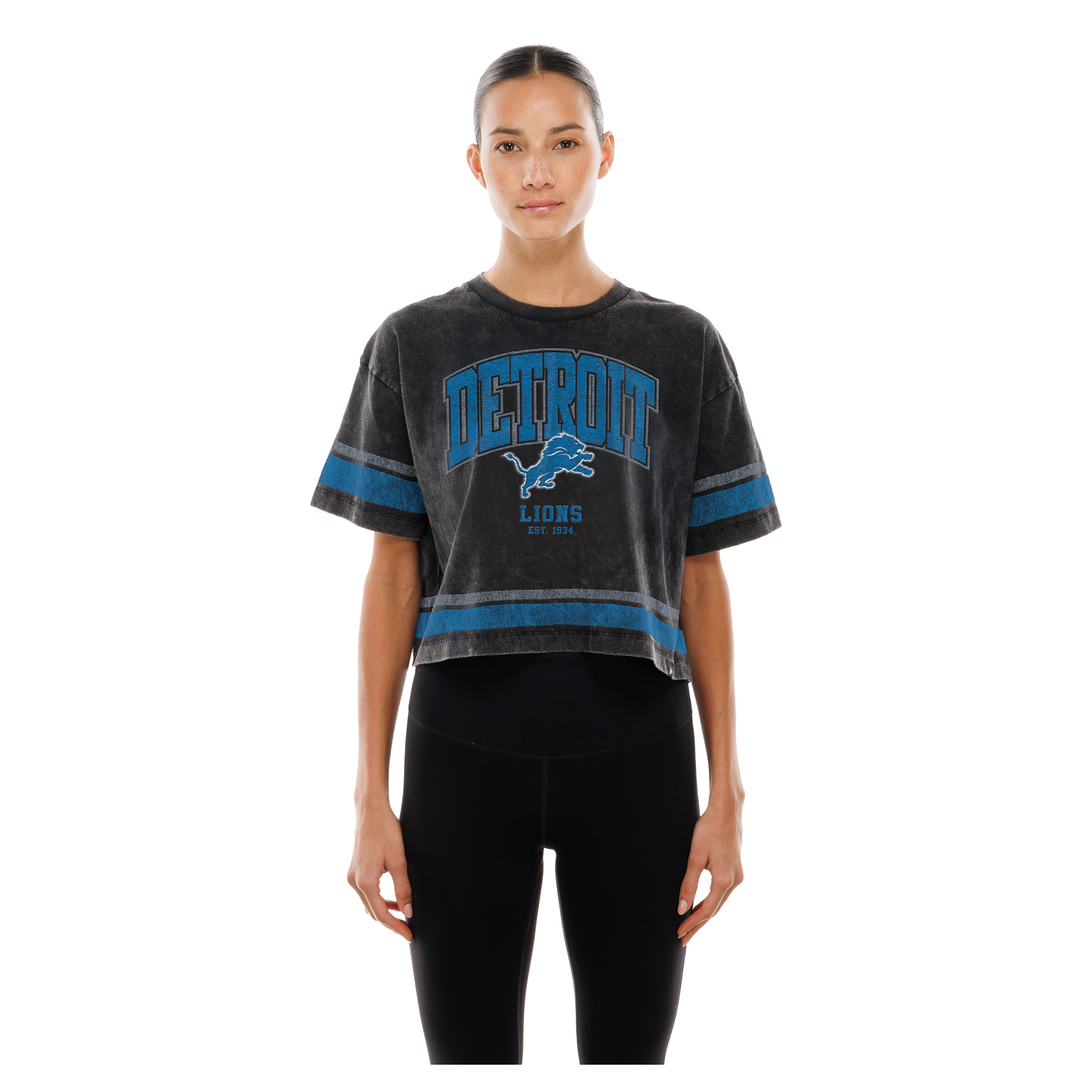Women's New Era Black Detroit Lions Lifestyle Mineral Wash Boxy Cropped T-Shirt