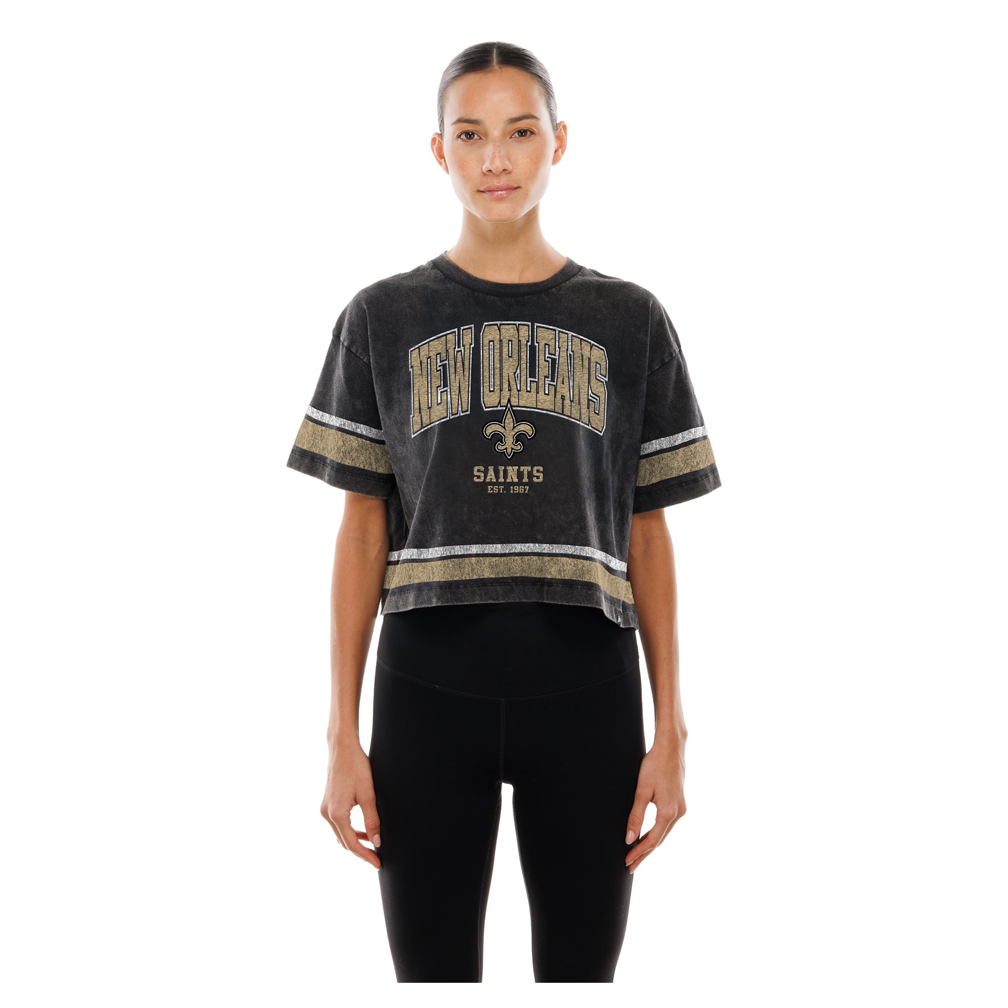 Women’s New Era Black New Orleans Saints Lifestyle Mineral Wash Boxy Cropped T-Shirt