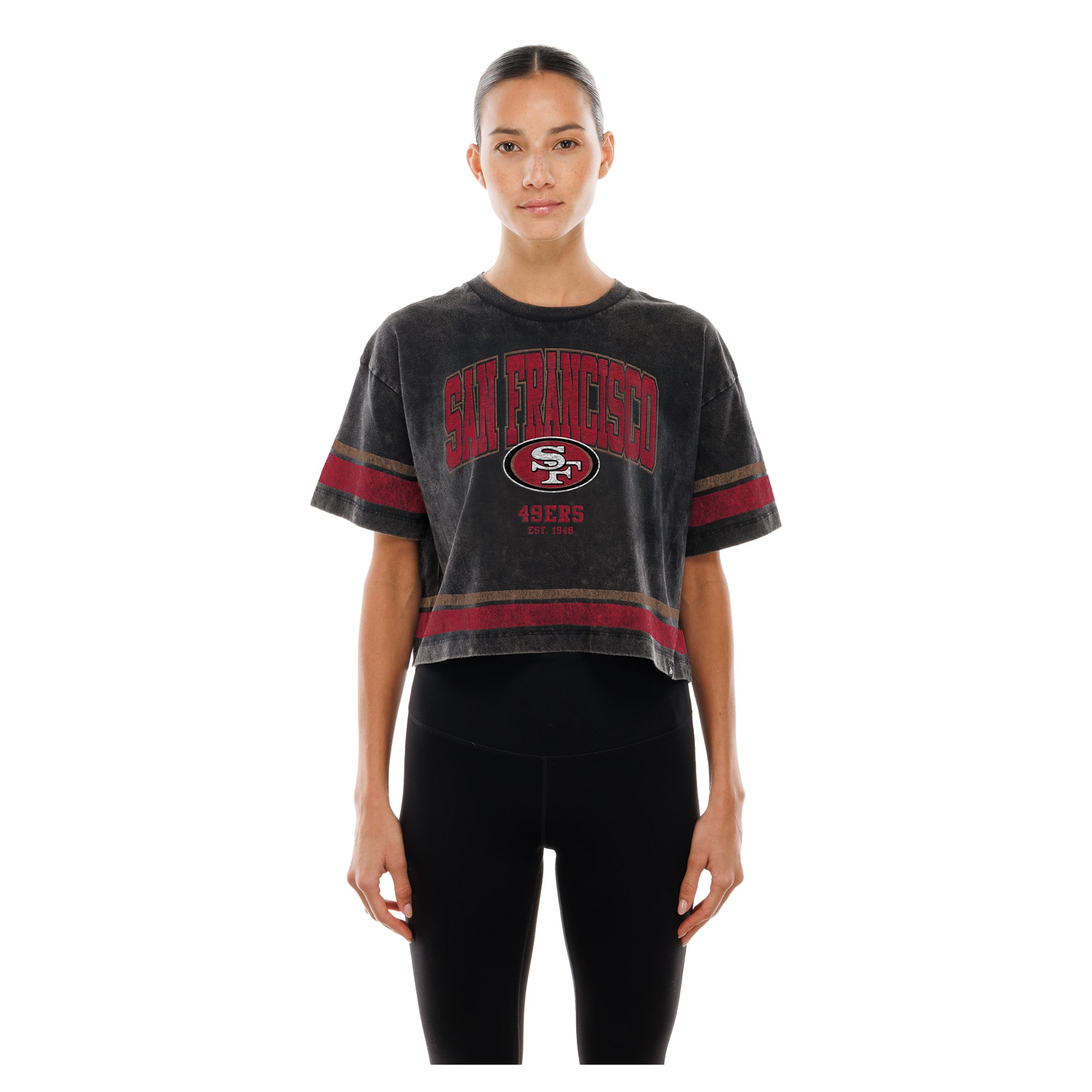 Women's New Era Black San Francisco 49ers Lifestyle Mineral Wash Boxy Cropped T-Shirt