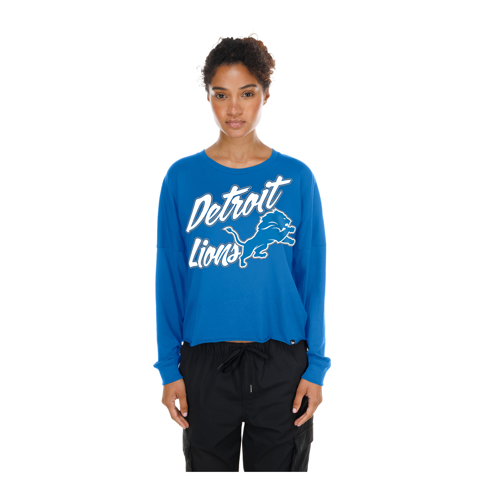 Women's New Era  Blue Detroit Lions Cropped Oversized Long Sleeve T-Shirt