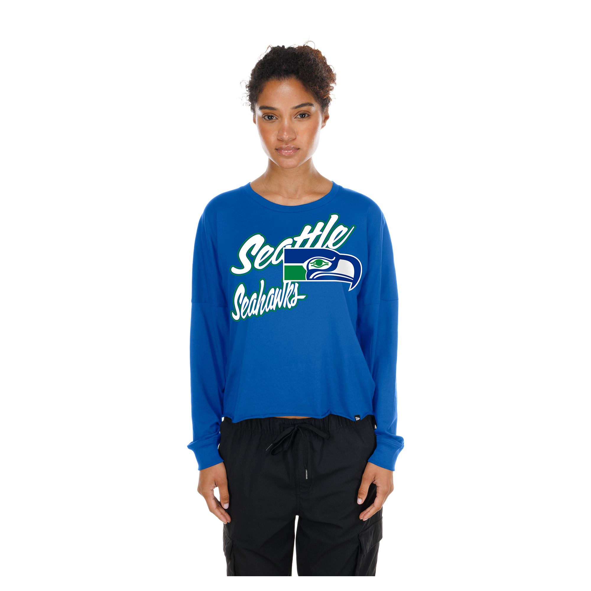 New Era Women's Blue Seattle Seahawks Cropped Oversized Long-Sleeve T-Shirt - Blue