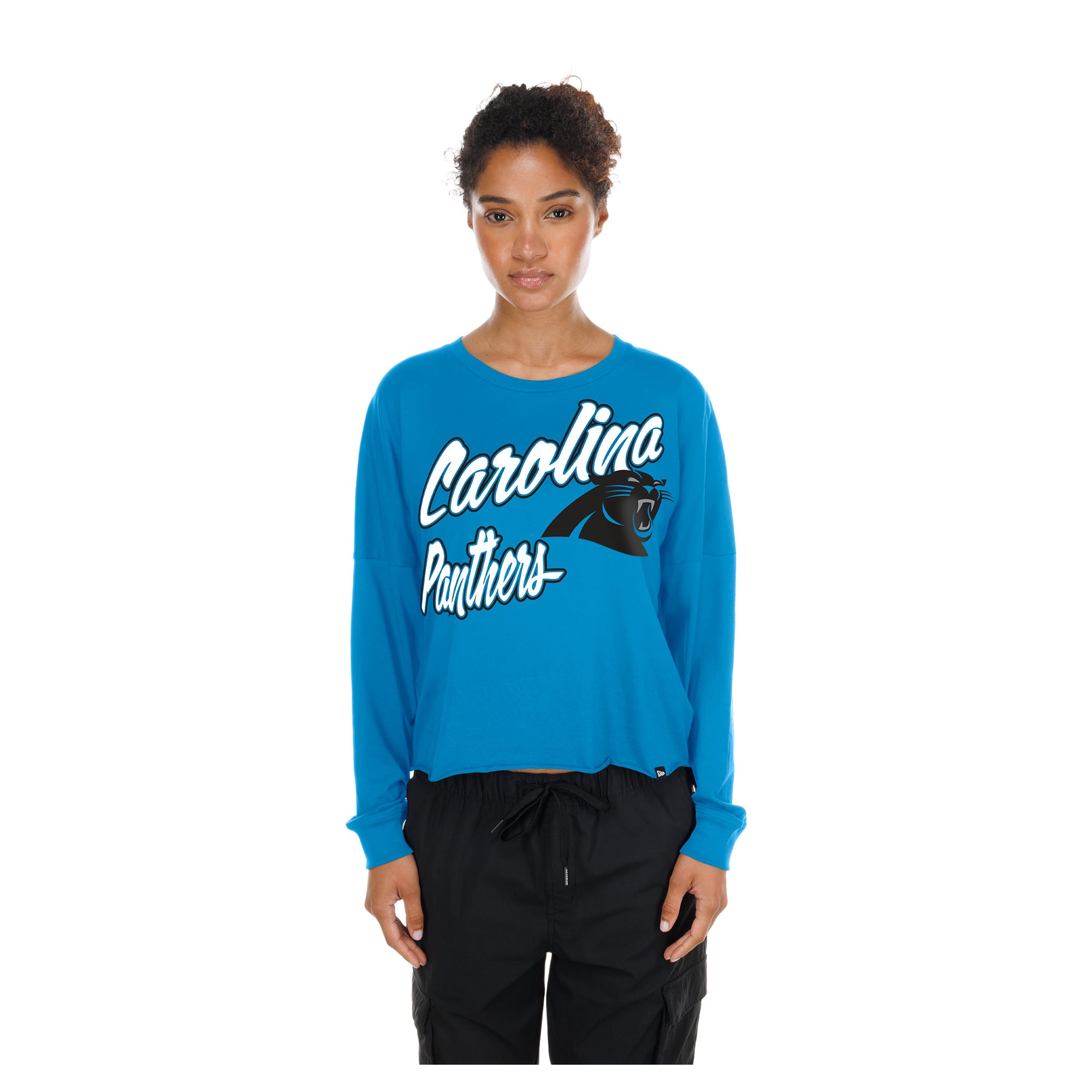 Women's New Era  Blue Carolina Panthers Cropped Oversized Long Sleeve T-Shirt