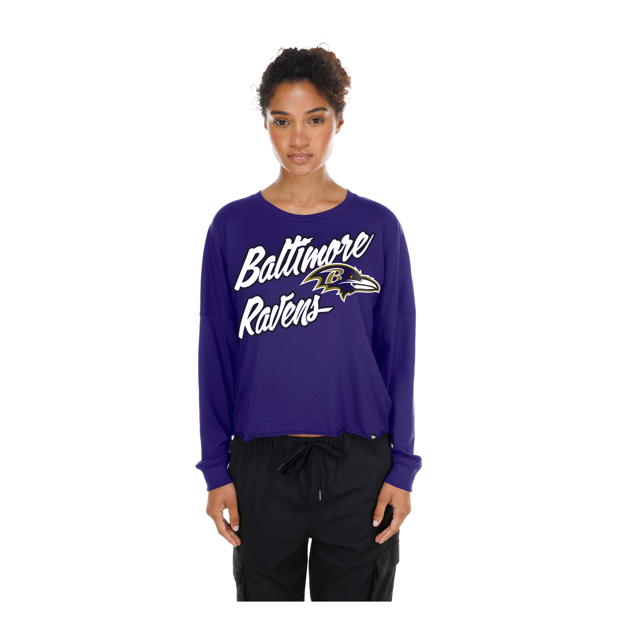 Women's New Era Purple Baltimore Ravens Cropped Oversized Long Sleeve T-Shirt