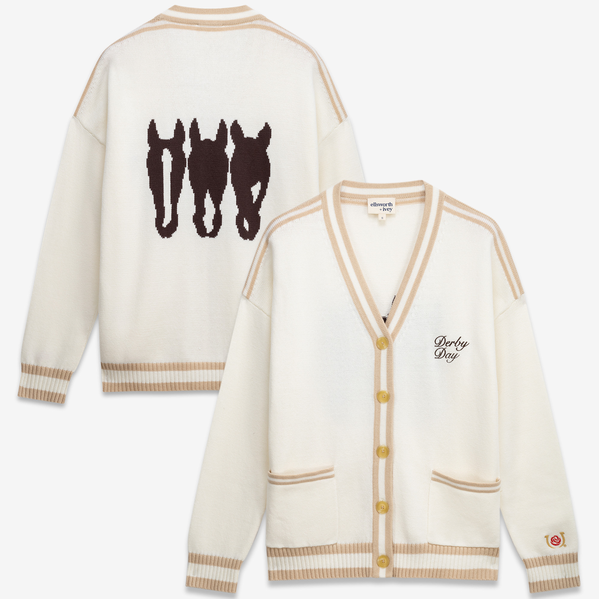 Women's Ellsworth & Ivey  White Kentucky Derby Emily Varsity Oversized Full-Button Cardigan