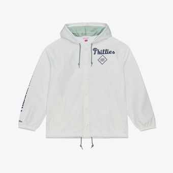 Men's Mitchell & Ness White Philadelphia Phillies Yacht Rock Coaches Full-Snap Hooded Windbreaker Jacket