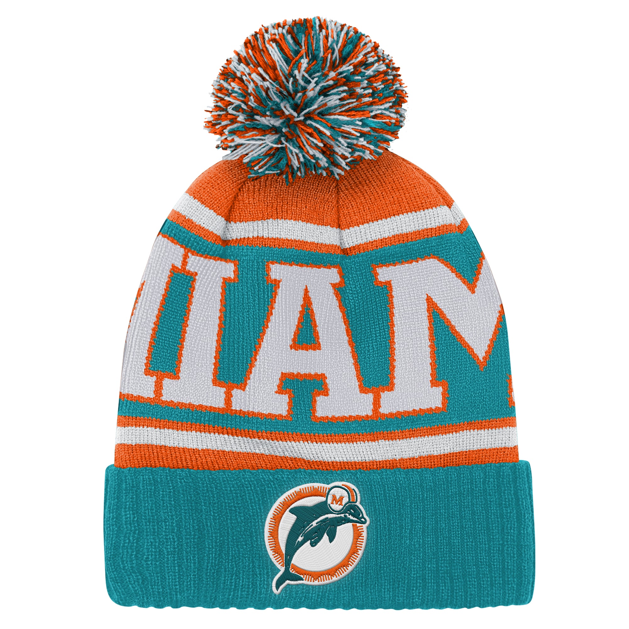 Youth Outerstuff Aqua/Orange Miami Dolphins Retro Highlight Cuffed Knit Hat with Pom