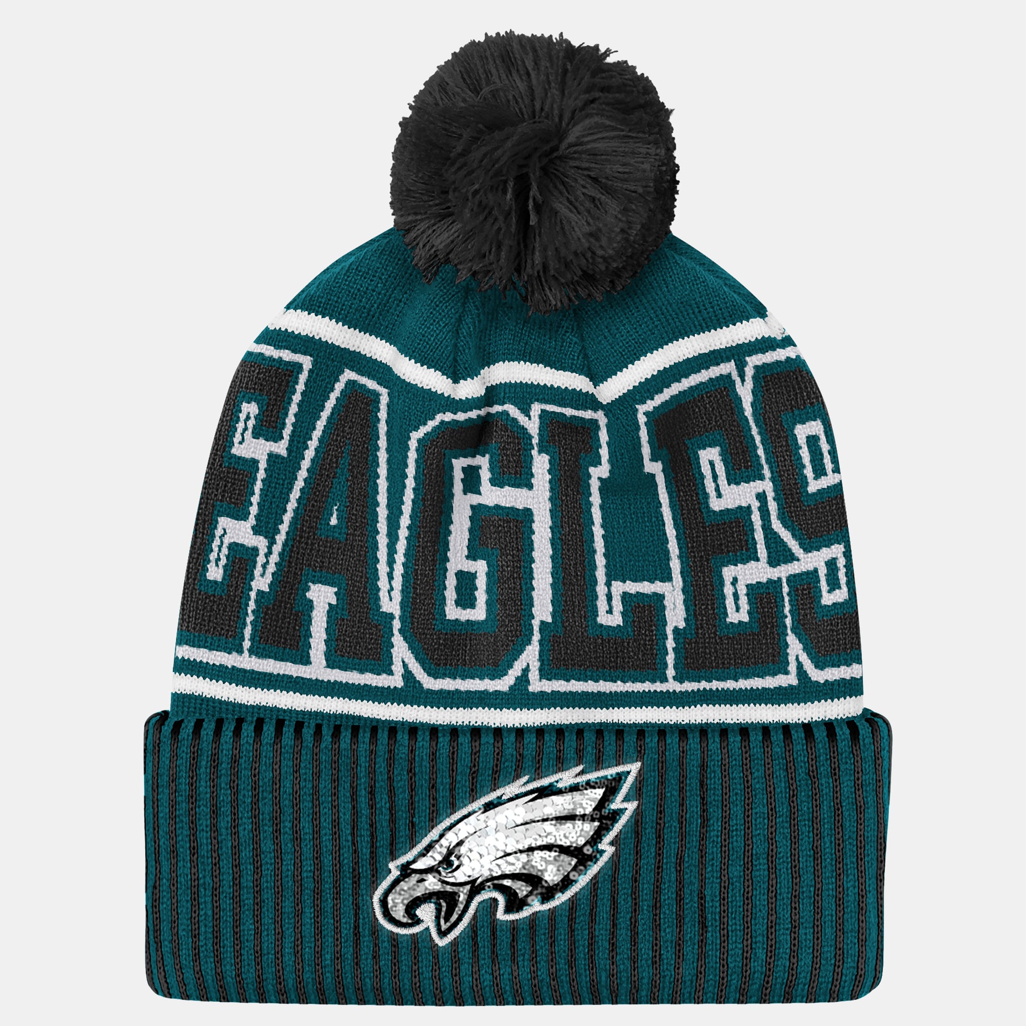 Youth Outerstuff Midnight Green Philadelphia Eagles Highlight Cuffed Knit Hat with Pom