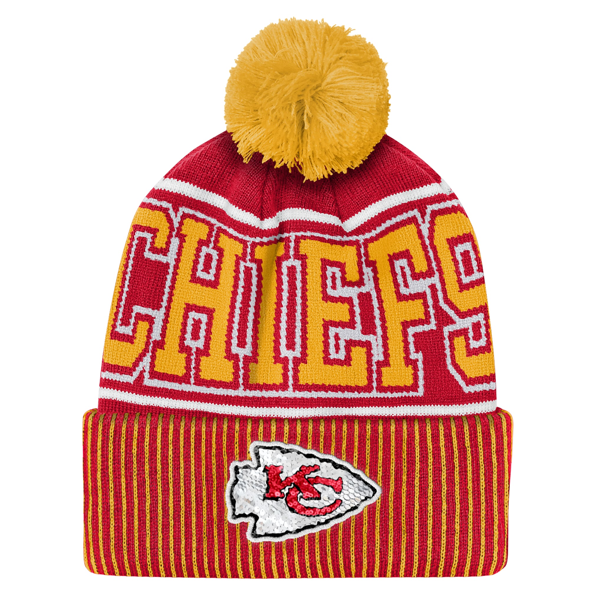 Youth Outerstuff Red Kansas City Chiefs Highlight Cuffed Knit Hat with Pom