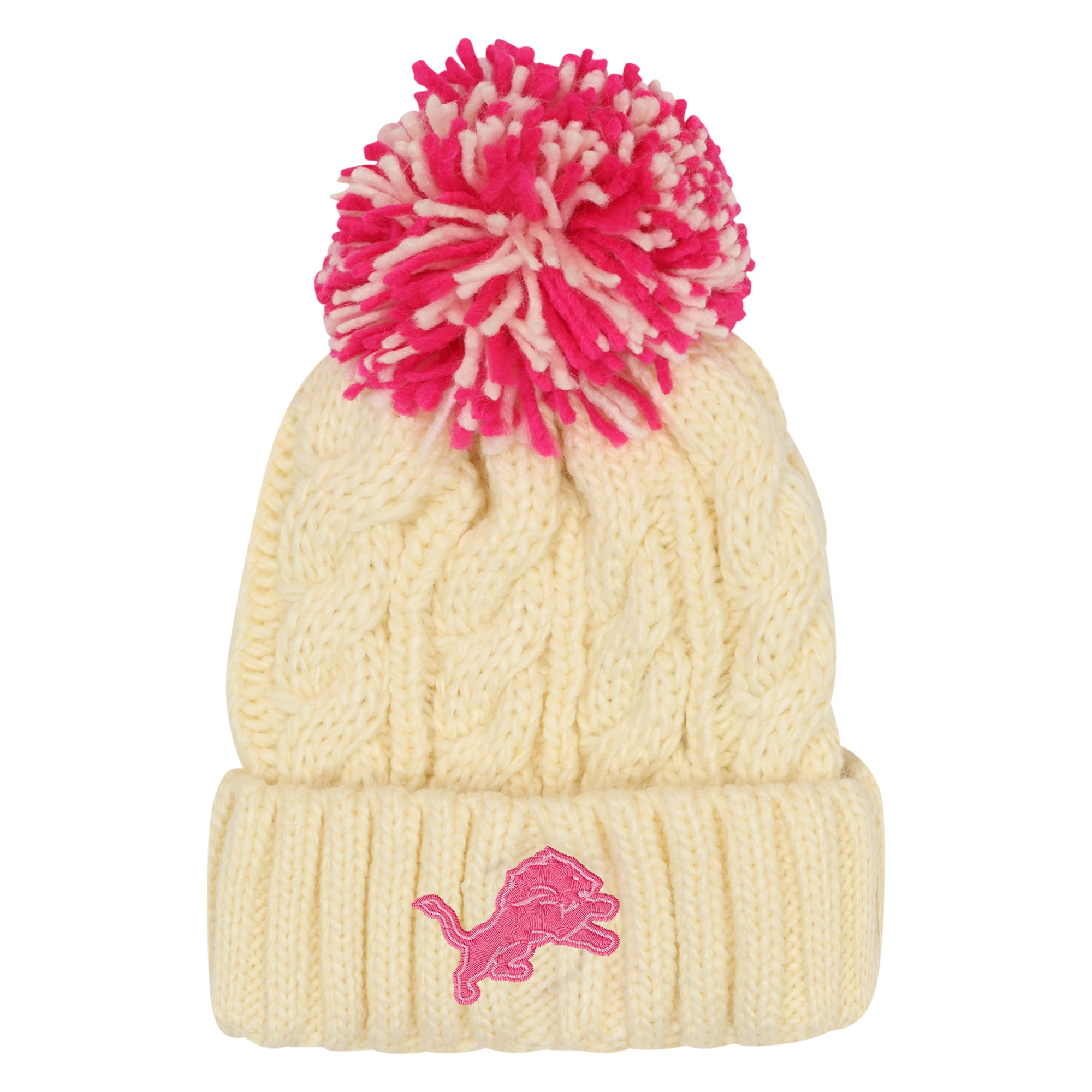 Girls Youth Outerstuff Cream Detroit Lions Cable Cuffed Knit Hat with Pom