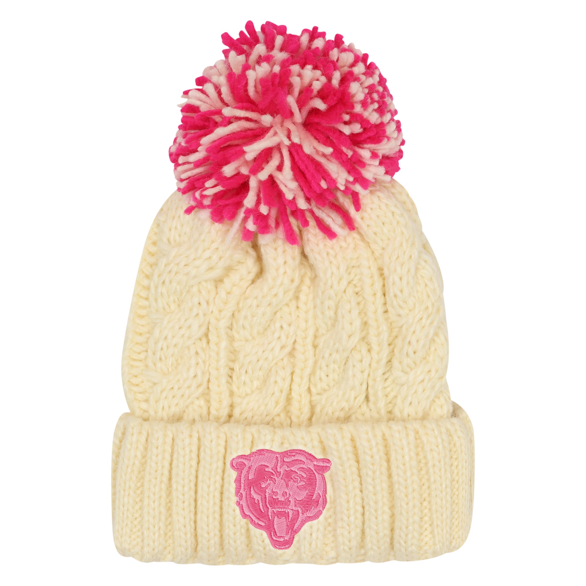 Girls Youth Outerstuff Cream Chicago Bears Cable Cuffed Knit Hat with Pom