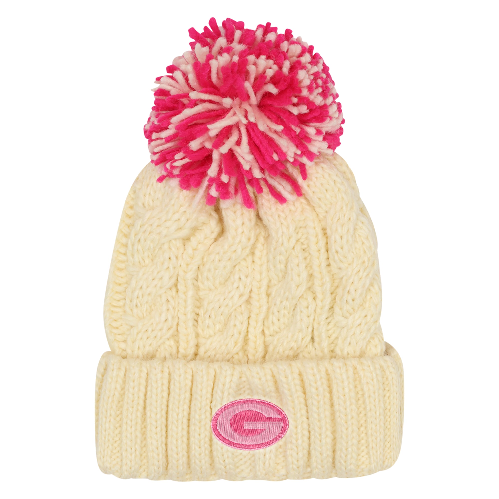 Girls Youth Outerstuff Cream Green Bay Packers Cable Cuffed Knit Hat with Pom
