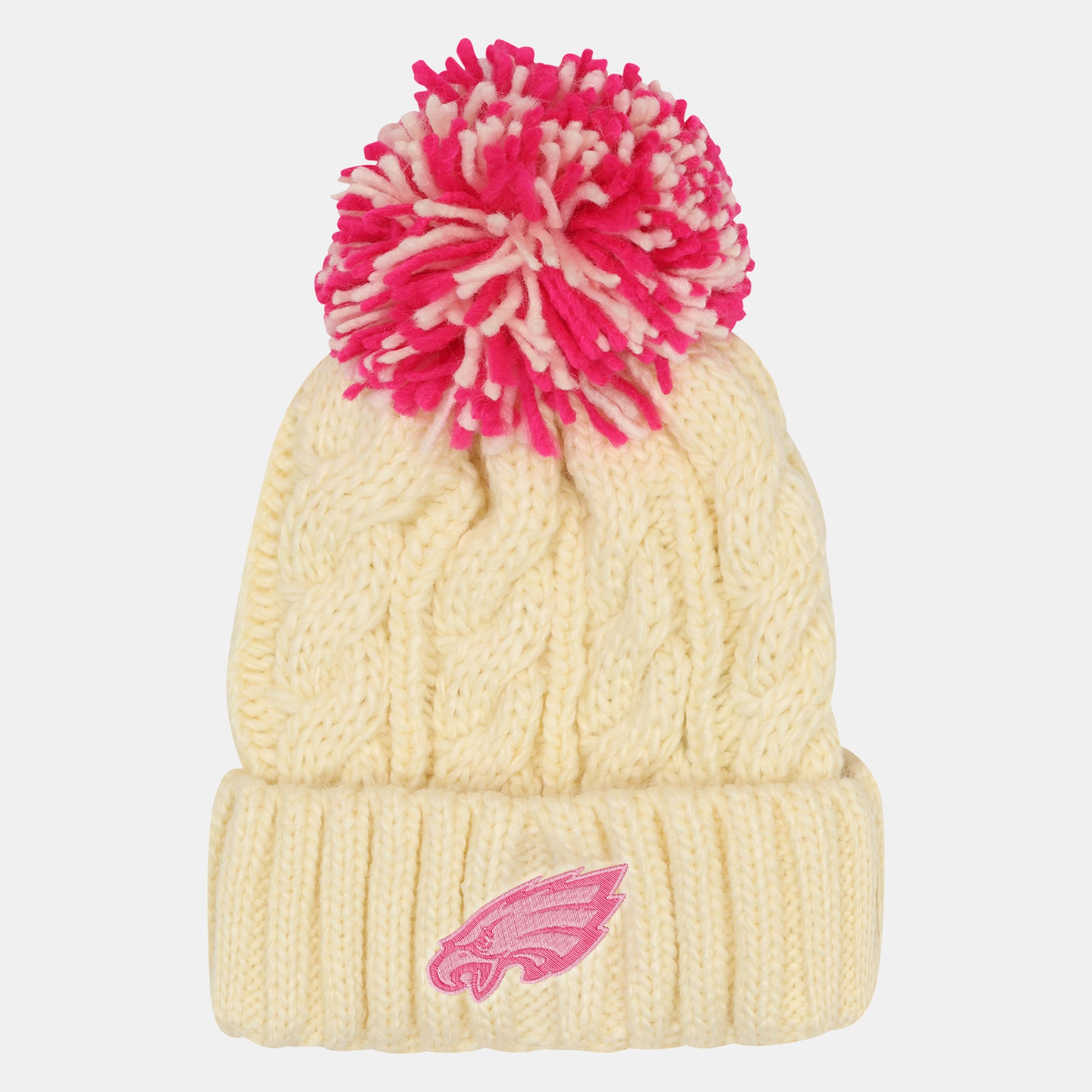 Girls Youth Outerstuff Cream Philadelphia Eagles Cable Cuffed Knit Hat with Pom