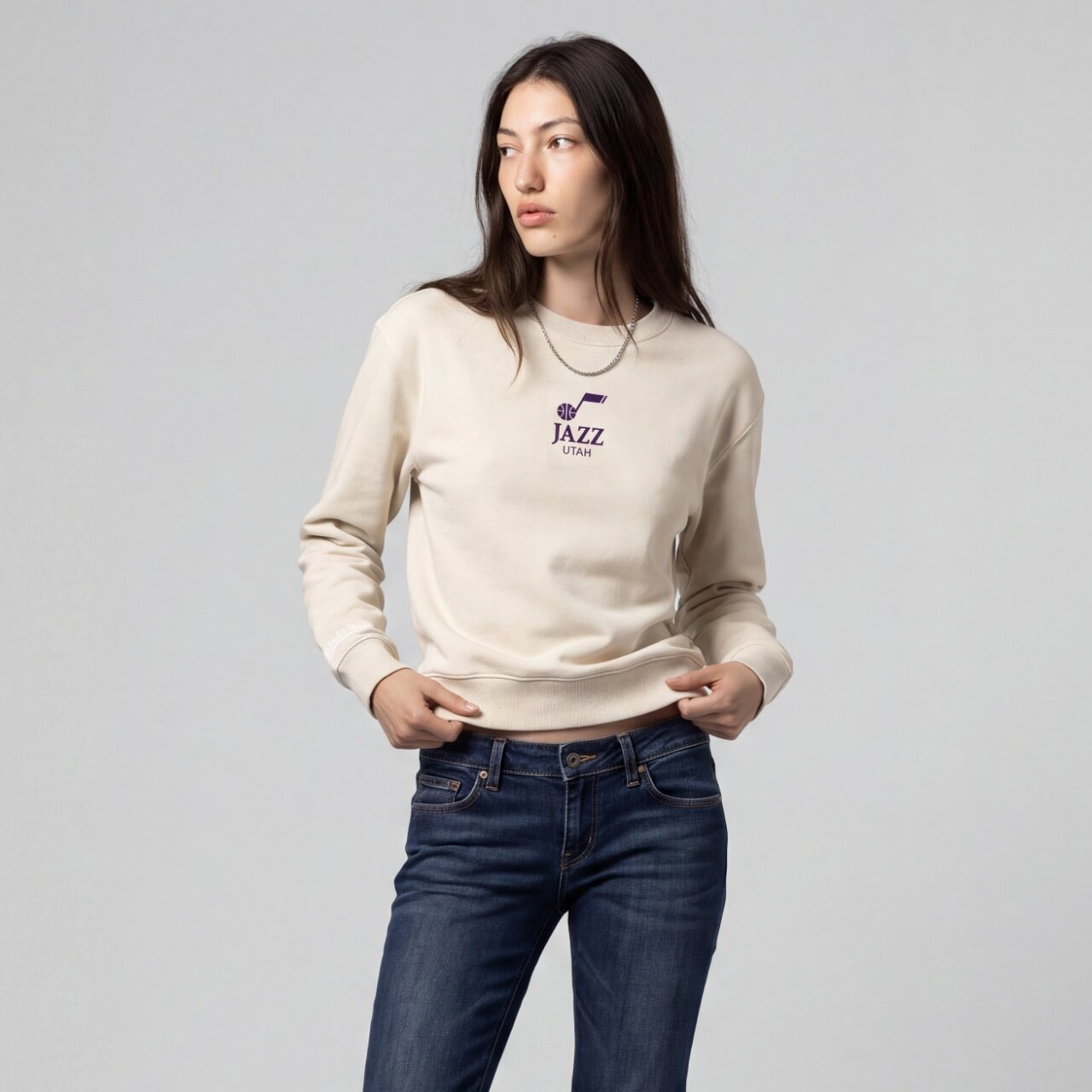 Mitchell & Ness Women's Cream Utah Jazz Core Essentials Micro Logo Fleece Sweatshirt - Cream