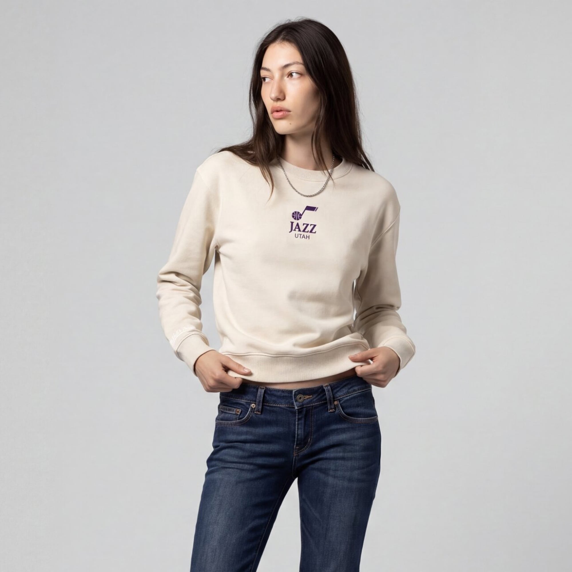 Women's Mitchell & Ness  Cream Utah Jazz Core Essentials Micro Logo Fleece Sweatshirt