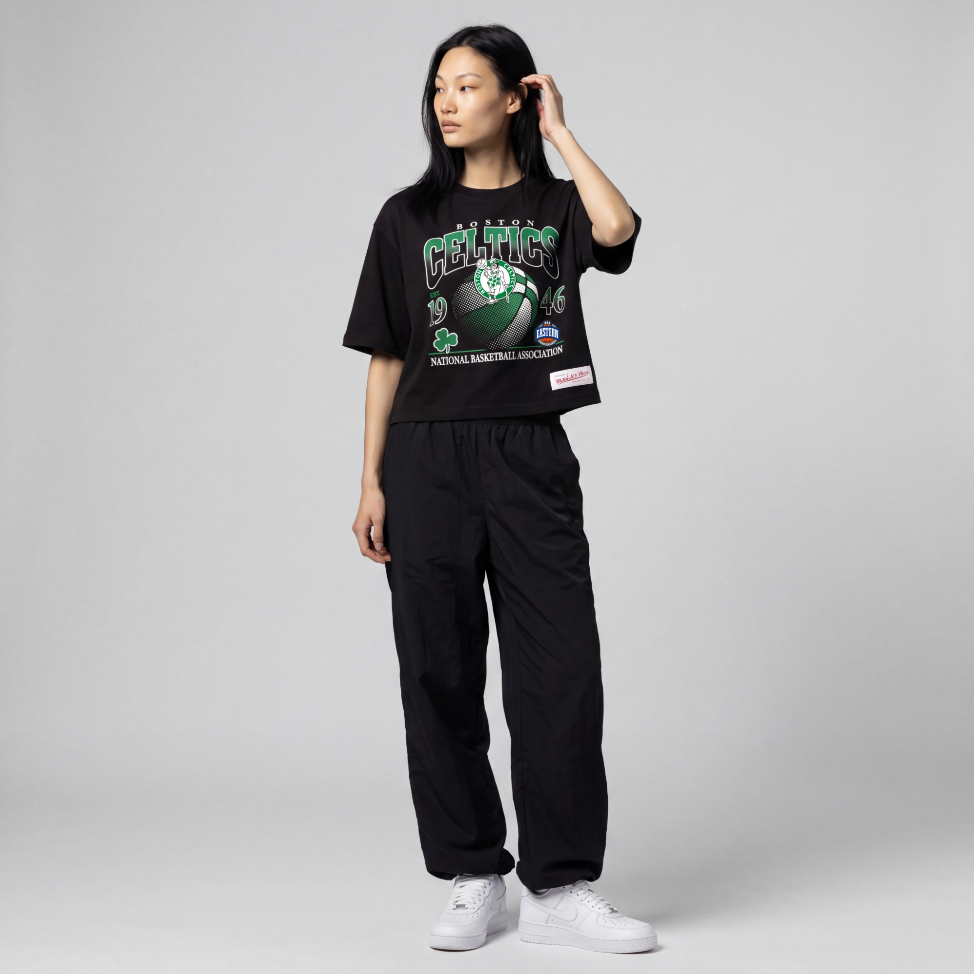 Women's Mitchell & Ness Black Boston Celtics Street Graphic Boxy Crop T-Shirt