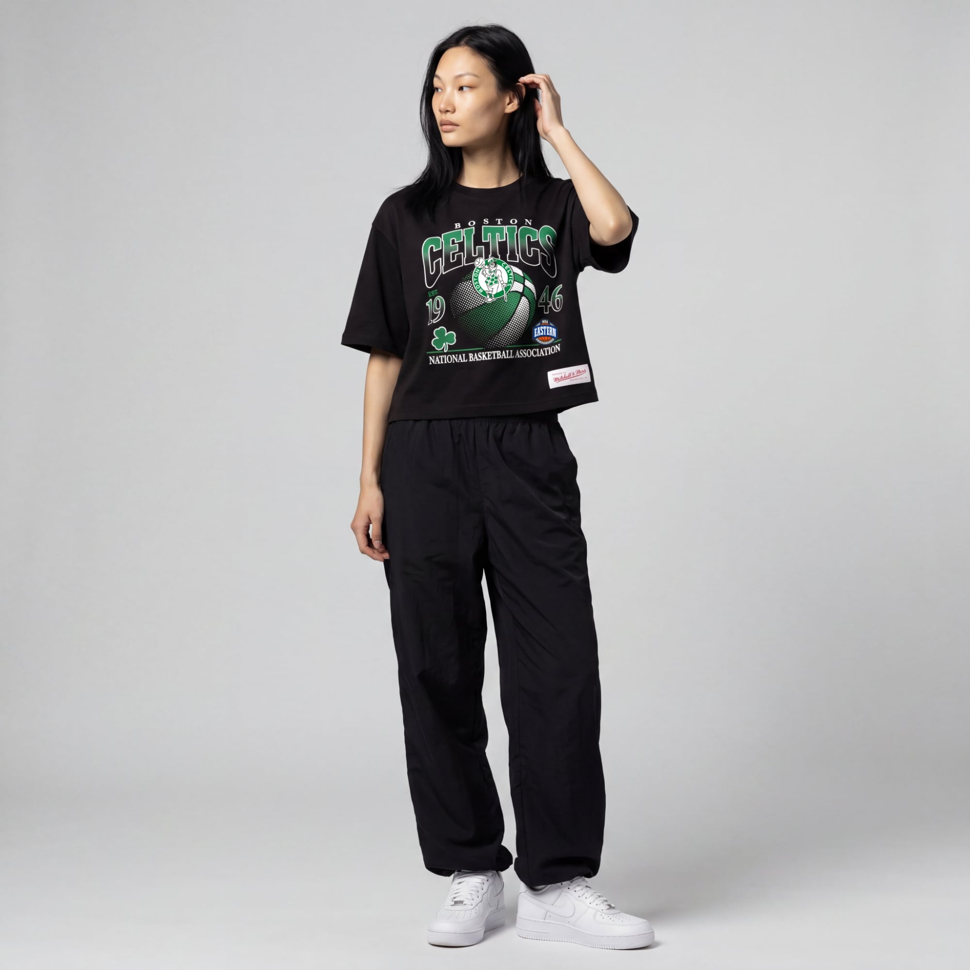 Women's Mitchell & Ness Black Boston Celtics Street Graphic Boxy Crop T-Shirt