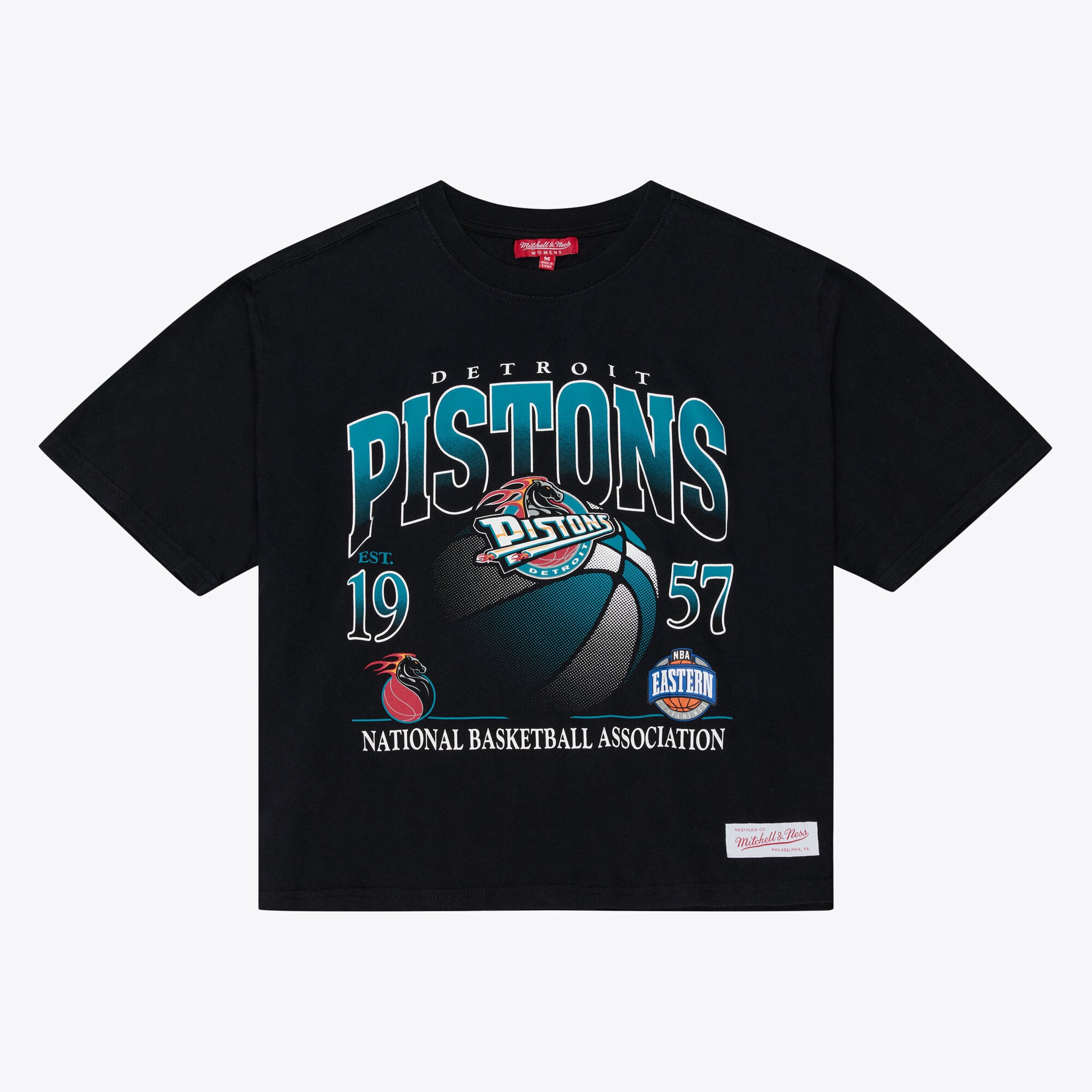 Women's Mitchell & Ness Black Detroit Pistons Street Graphic Boxy Crop T-Shirt
