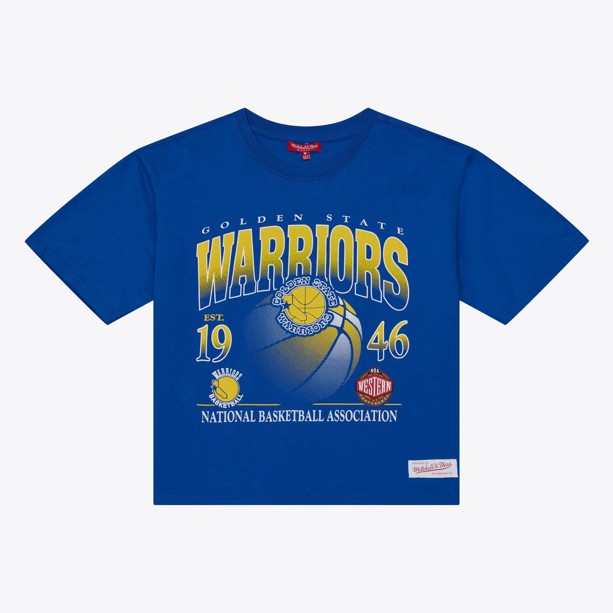 Women's Mitchell & Ness Royal Golden State Warriors Street Graphic Boxy Crop T-Shirt