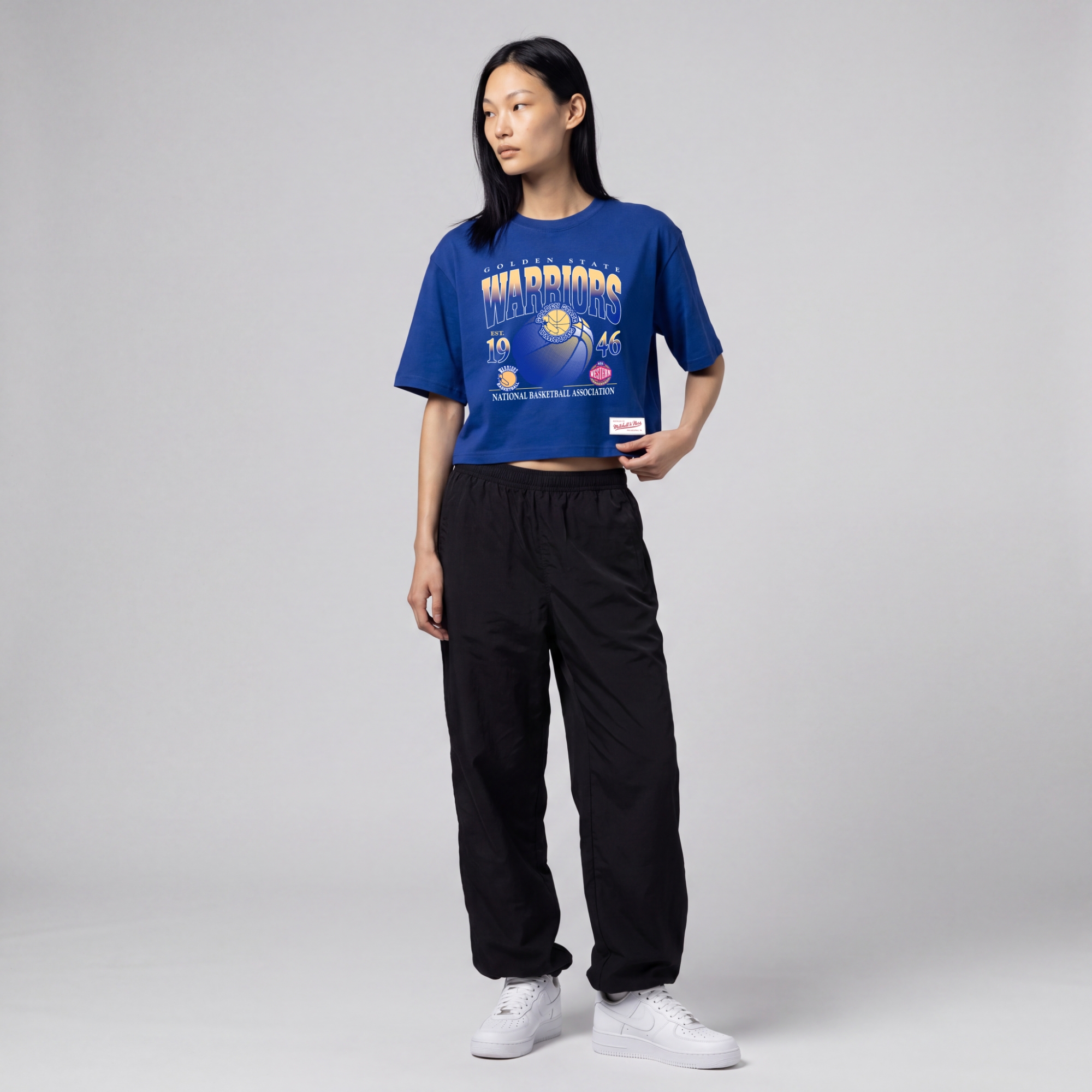 Women's Mitchell & Ness Royal Golden State Warriors Street Graphic Boxy Crop T-Shirt