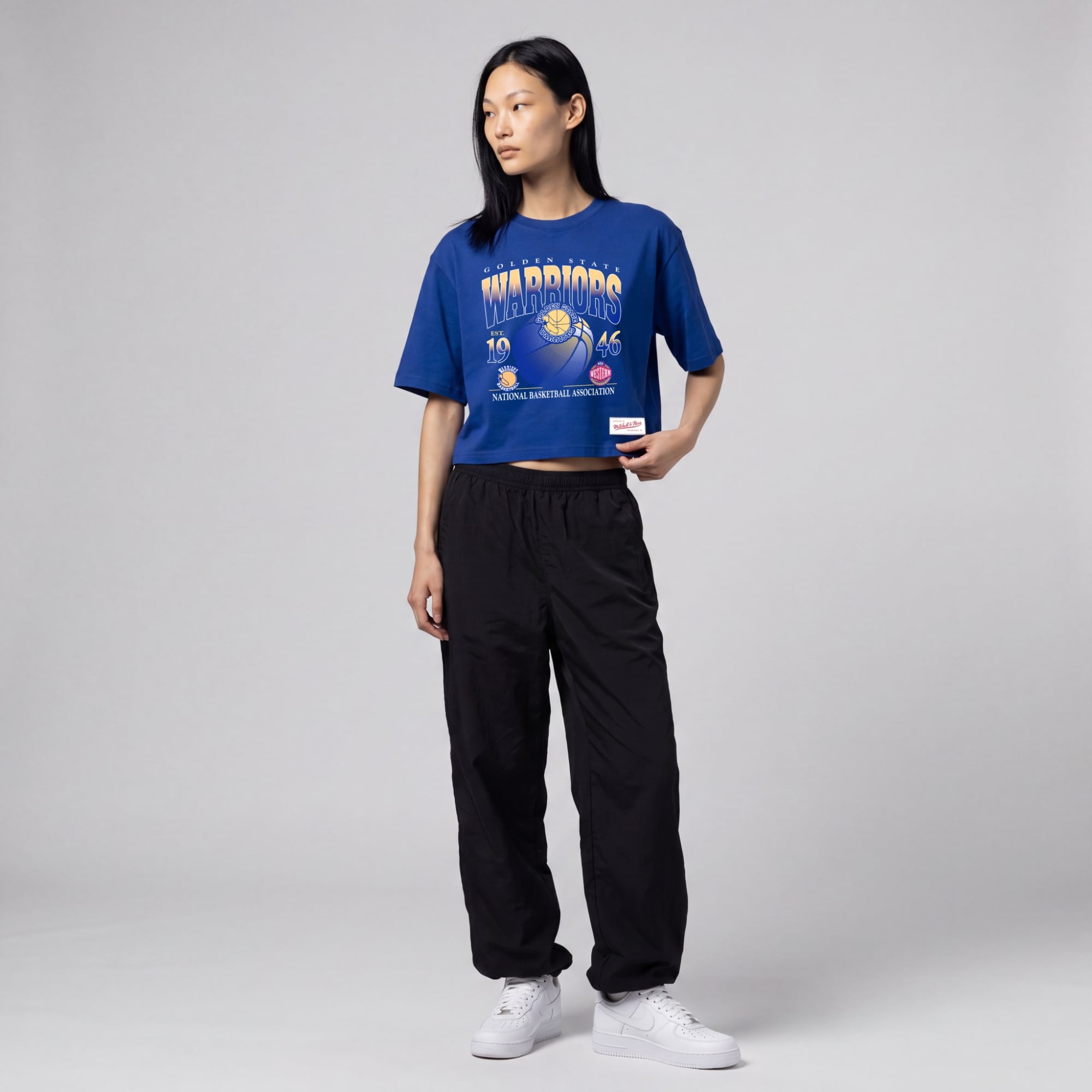 Women's Mitchell & Ness Royal Golden State Warriors Street Graphic Boxy Crop T-Shirt
