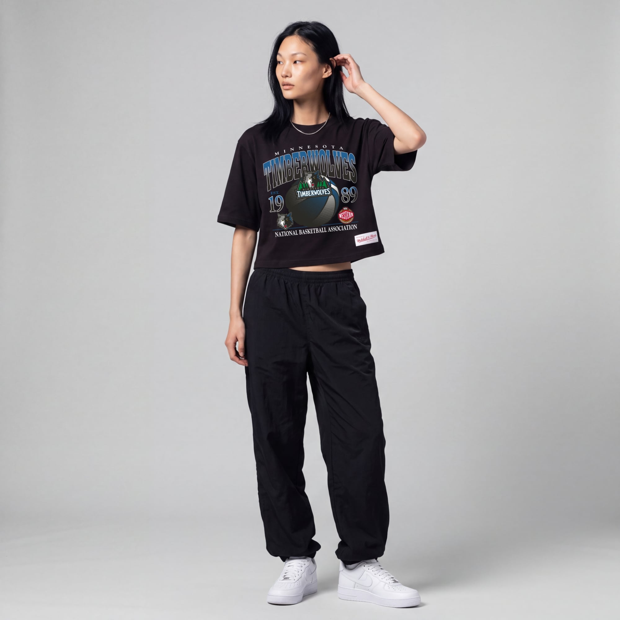 Women's Mitchell & Ness Black Minnesota Timberwolves Street Graphic Boxy Crop T-Shirt