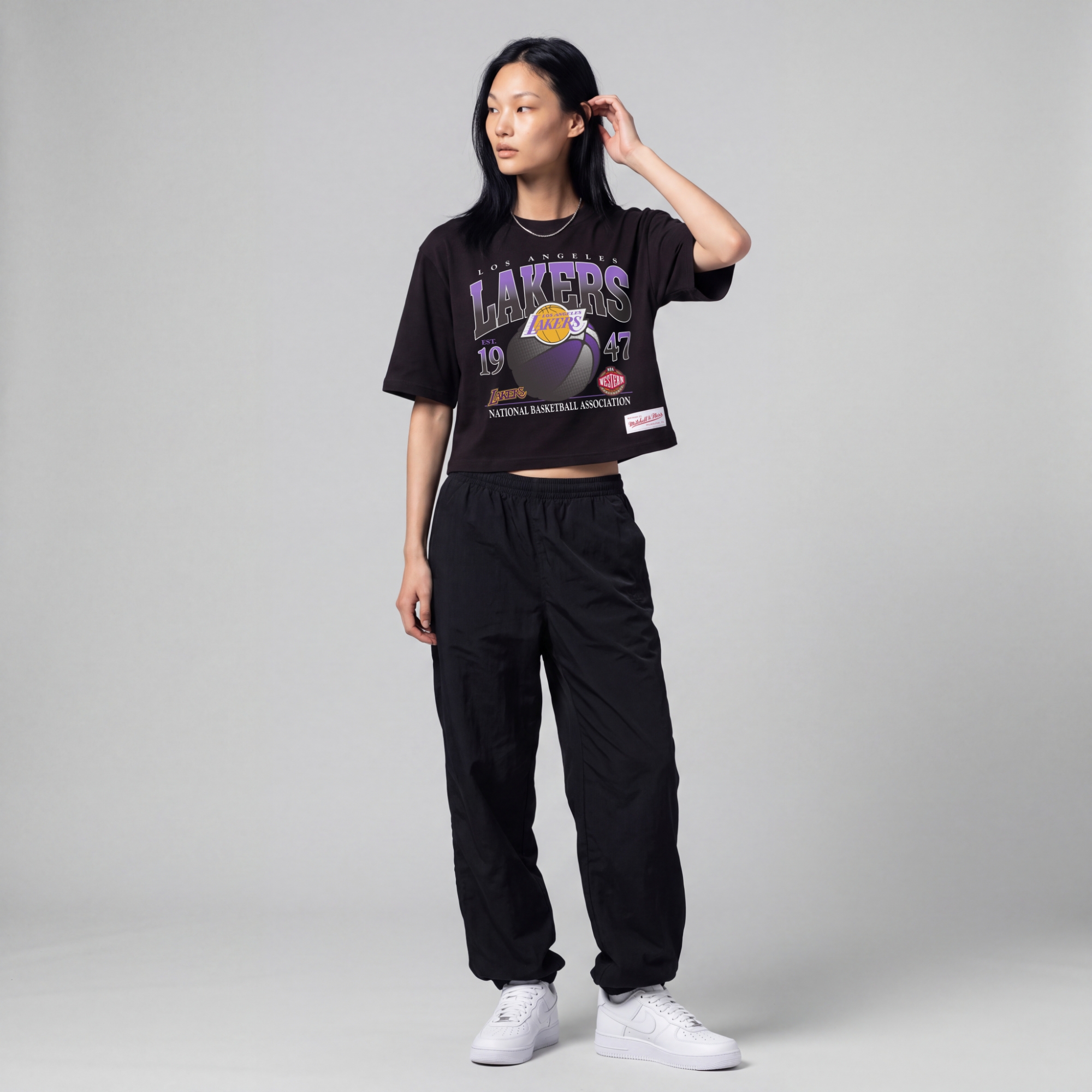 Women's Mitchell & Ness Black Los Angeles Lakers Street Graphic Boxy Crop T-Shirt