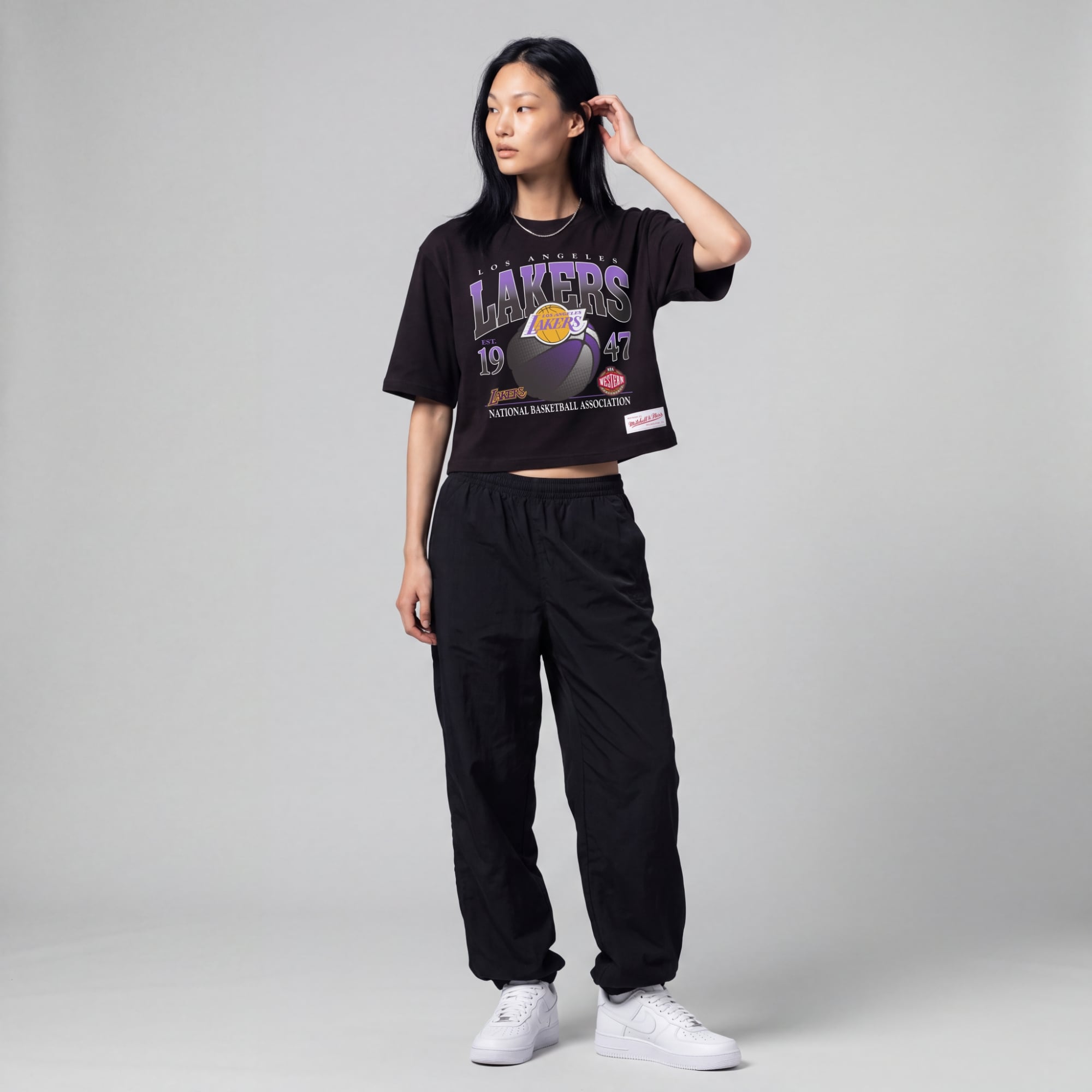 Women's Mitchell & Ness Black Los Angeles Lakers Street Graphic Boxy Crop T-Shirt